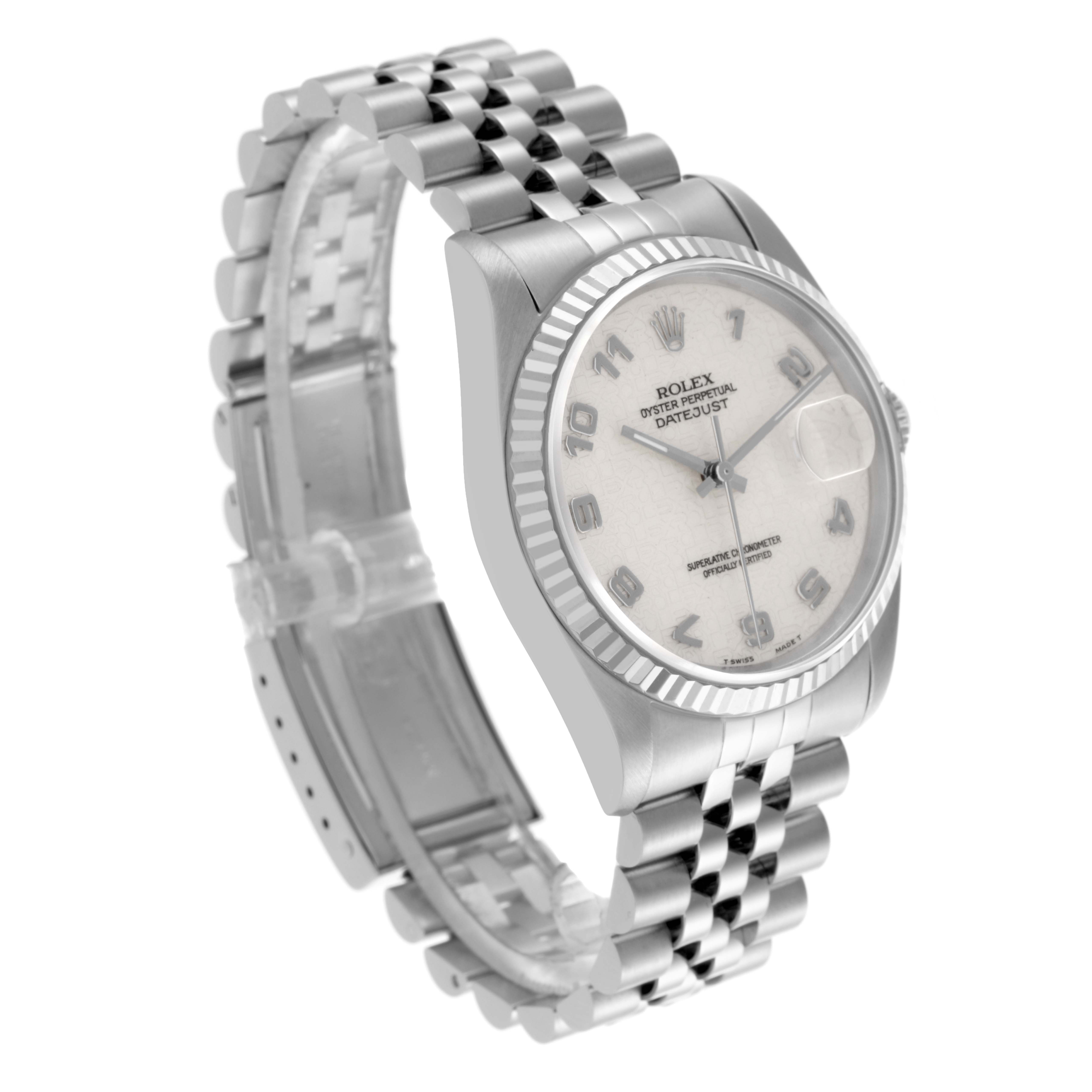 The Rolex Datejust 16234 Men's Stainless Steel Beige Dial 16234 Men's Stainless Steel Beige Dial watch is shown at a slight side angle, highlighting its dial, fluted bezel, and Jubilee bracelet.