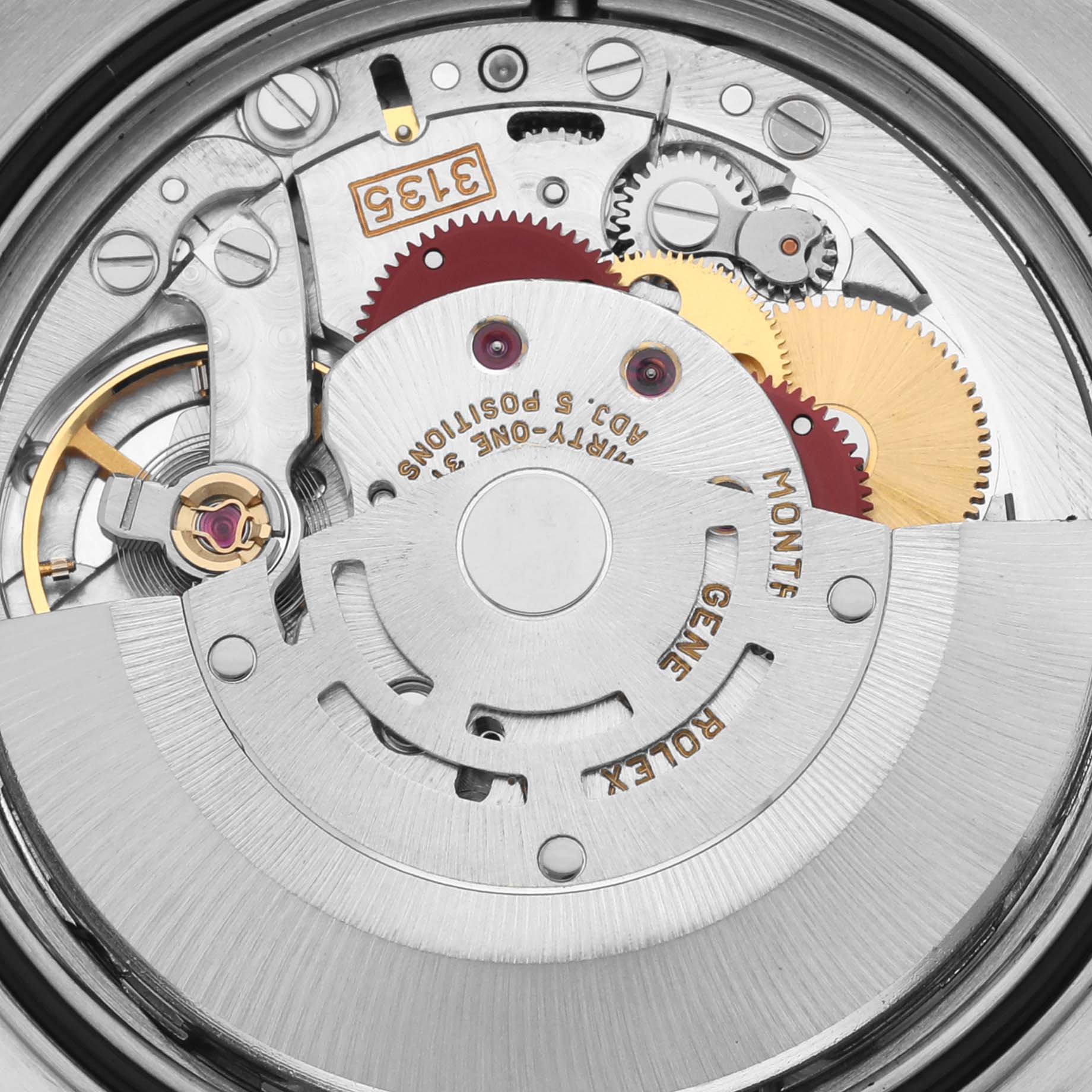 The image shows the movement of a Rolex Datejust 16234 Men's Stainless Steel Beige Dial 16234 Men's Stainless Steel Beige Dial watch, highlighting gears and internal mechanisms from a close-up angle.