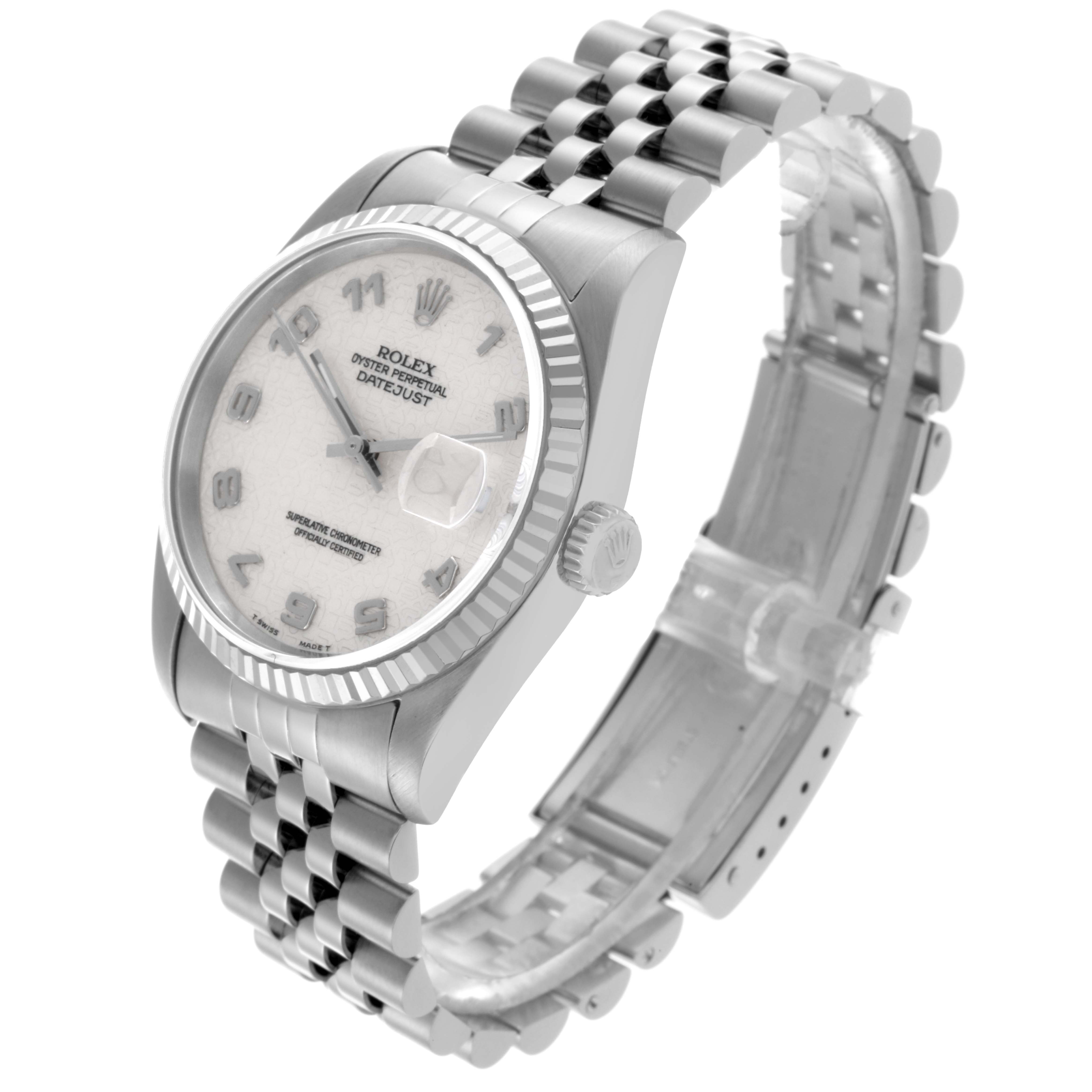 The Rolex Datejust 16234 Men's Stainless Steel Beige Dial 16234 Men's Stainless Steel Beige Dial watch is shown at a three-quarter angle, highlighting the dial, fluted bezel, crown, and Jubilee bracelet.