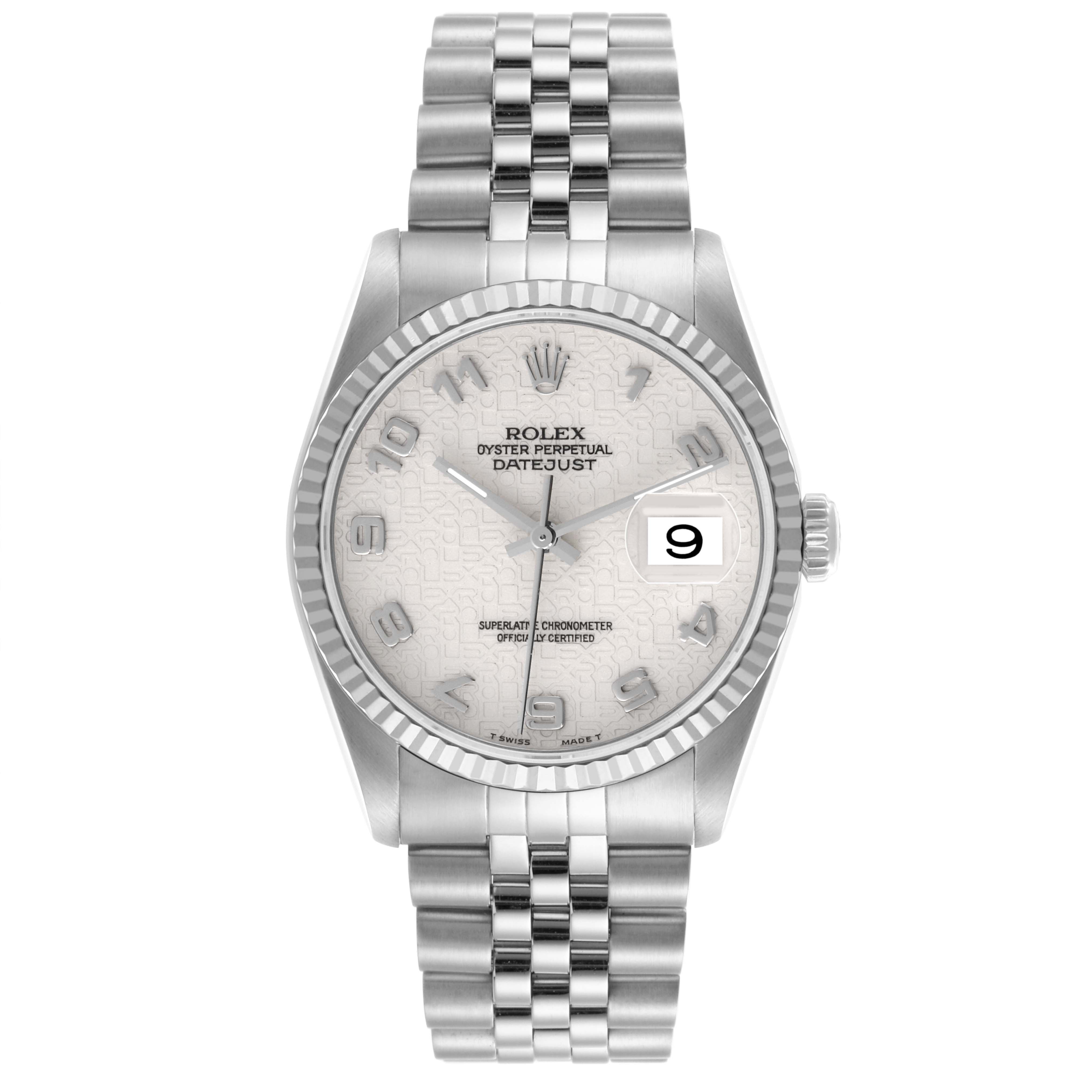 The Rolex Datejust 16234 Men's Stainless Steel Beige Dial 16234 Men's Stainless Steel Beige Dial watch is shown from the front, highlighting the dial, bezel, bracelet, and crown.