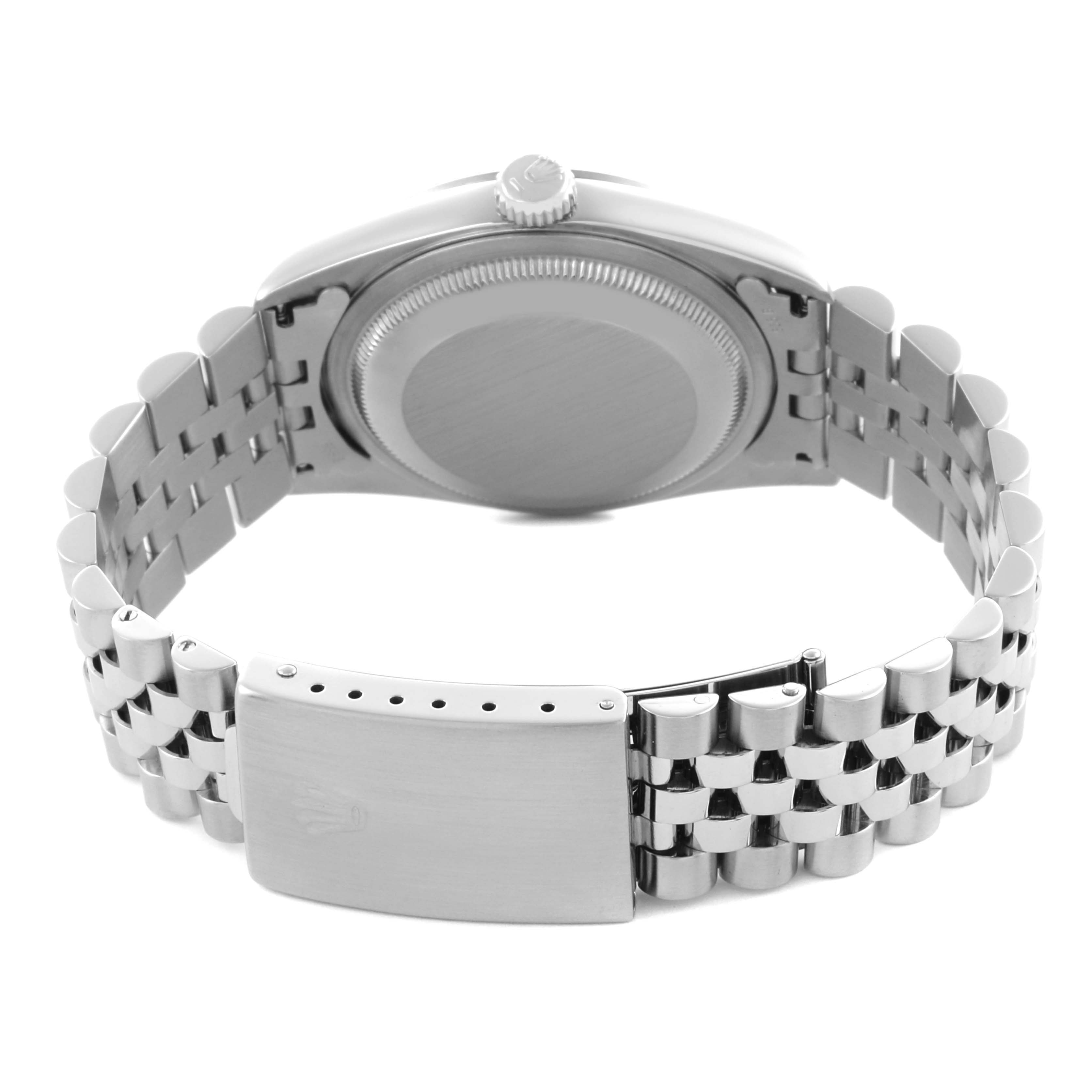 The image shows a Rolex Datejust 16234 Men's Stainless Steel Beige Dial 16234 Men's Stainless Steel Beige Dial watch from the back, highlighting the clasp and bracelet links.