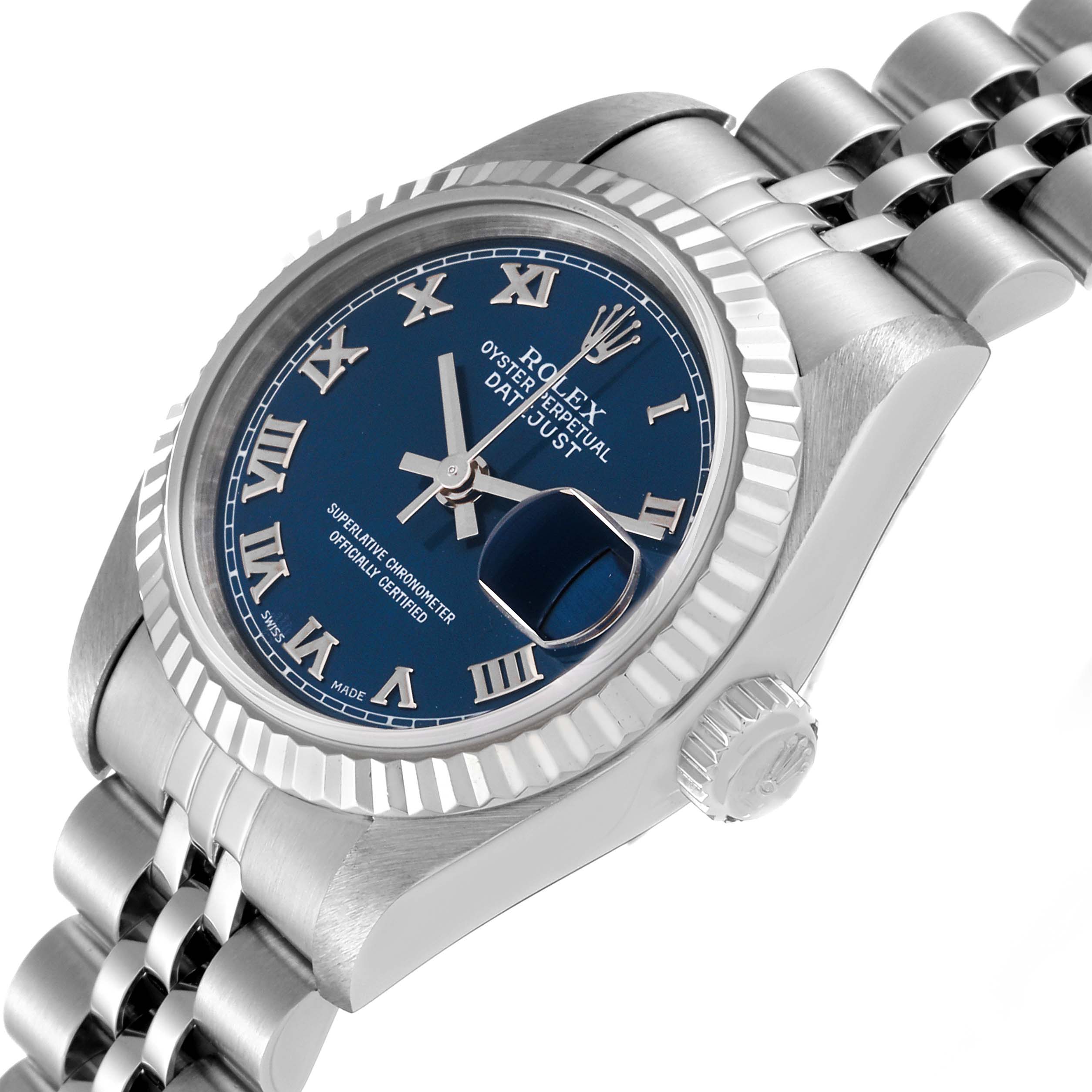 The image shows a partial side angle of a Rolex Datejust 69174 Women's Stainless Steel Blue Dial 69174 Women's Stainless Steel Blue Dial watch, highlighting the dial, bezel, crown, and part of the bracelet.