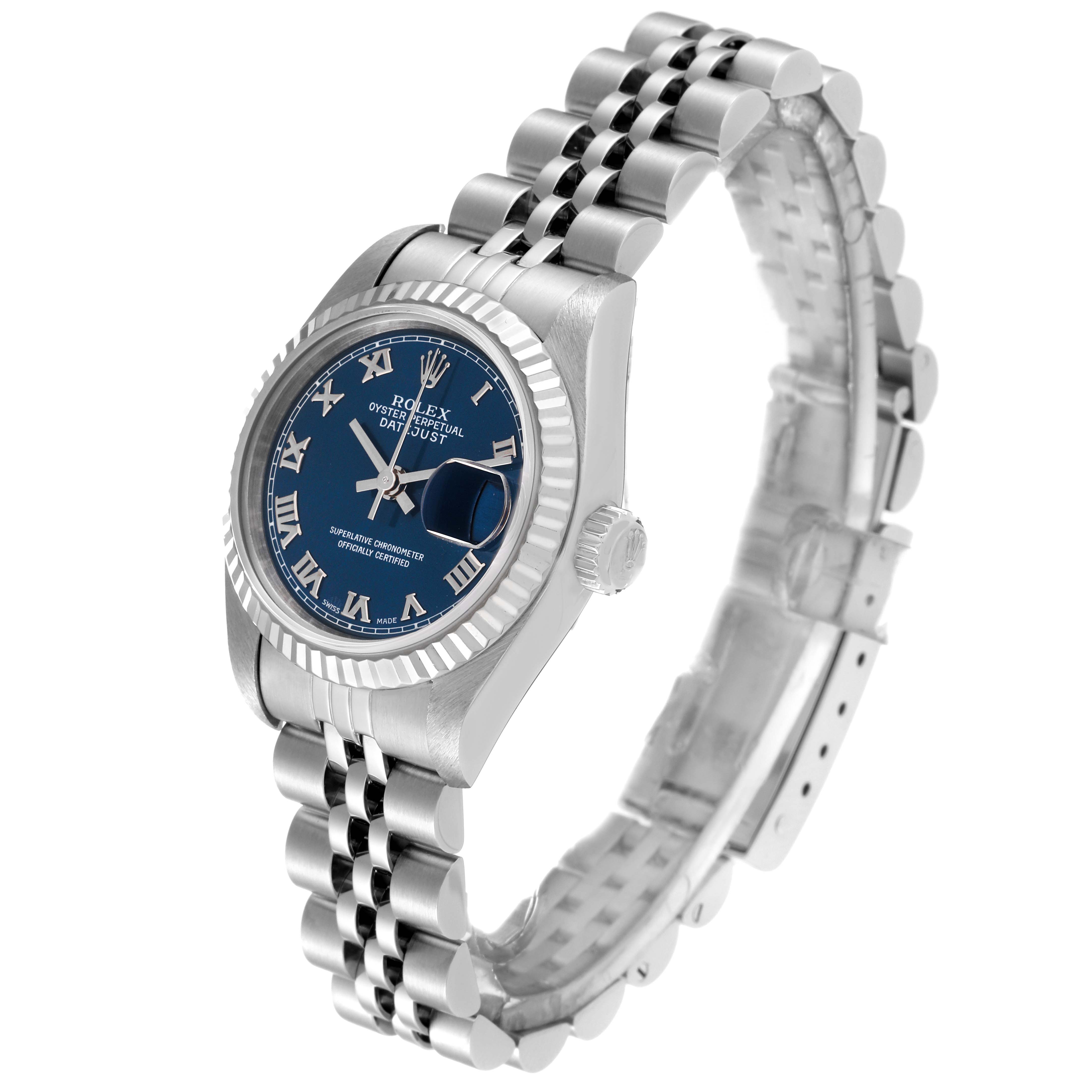 The image shows a side and front angle of a Rolex Datejust 69174 Women's Stainless Steel Blue Dial 69174 Women's Stainless Steel Blue Dial watch, highlighting the bracelet, bezel, crown, and blue dial.