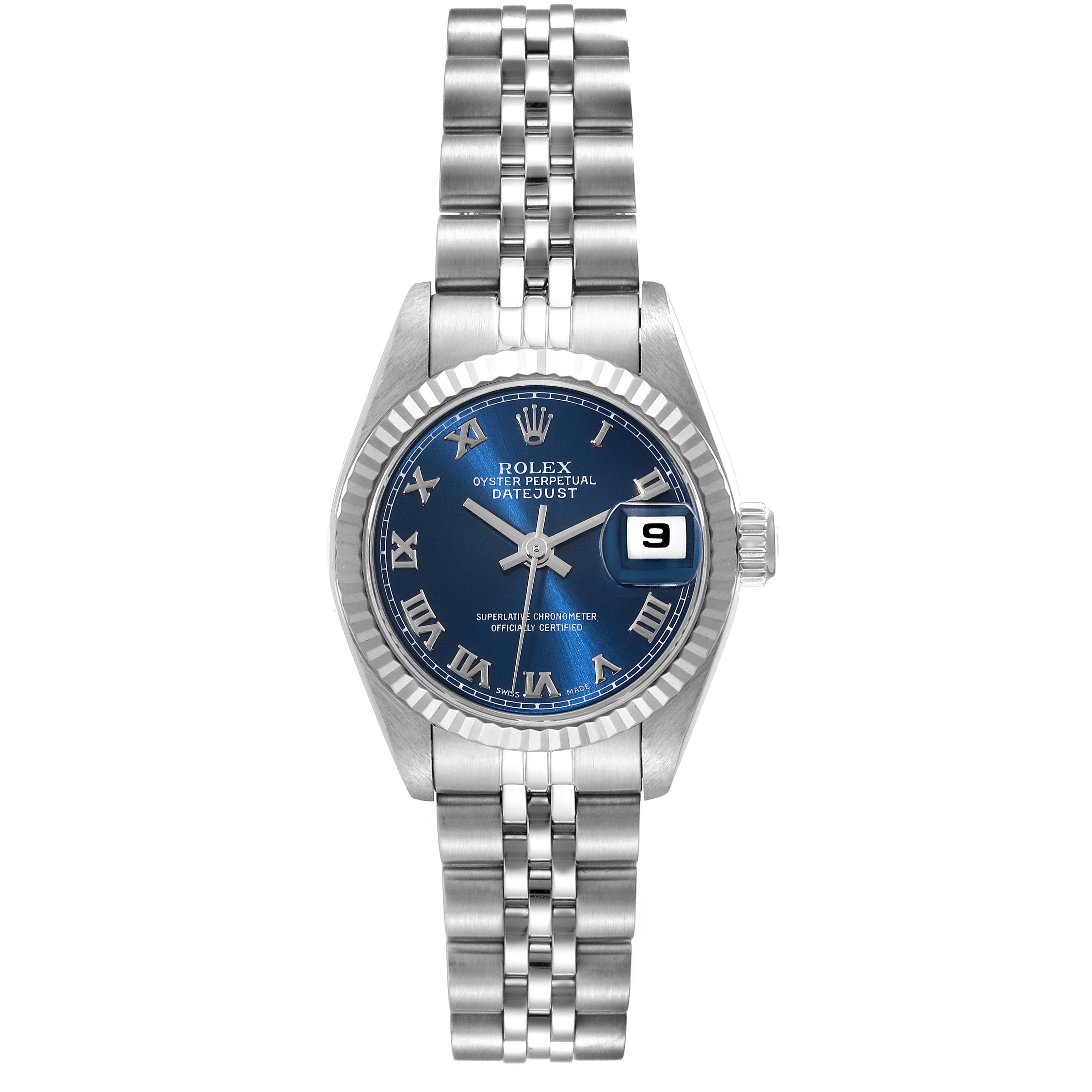The image shows a Rolex Datejust 69174 Women's Stainless Steel Blue Dial 69174 Women's Stainless Steel Blue Dial watch from a frontal angle, featuring the dial, bezel, and bracelet.