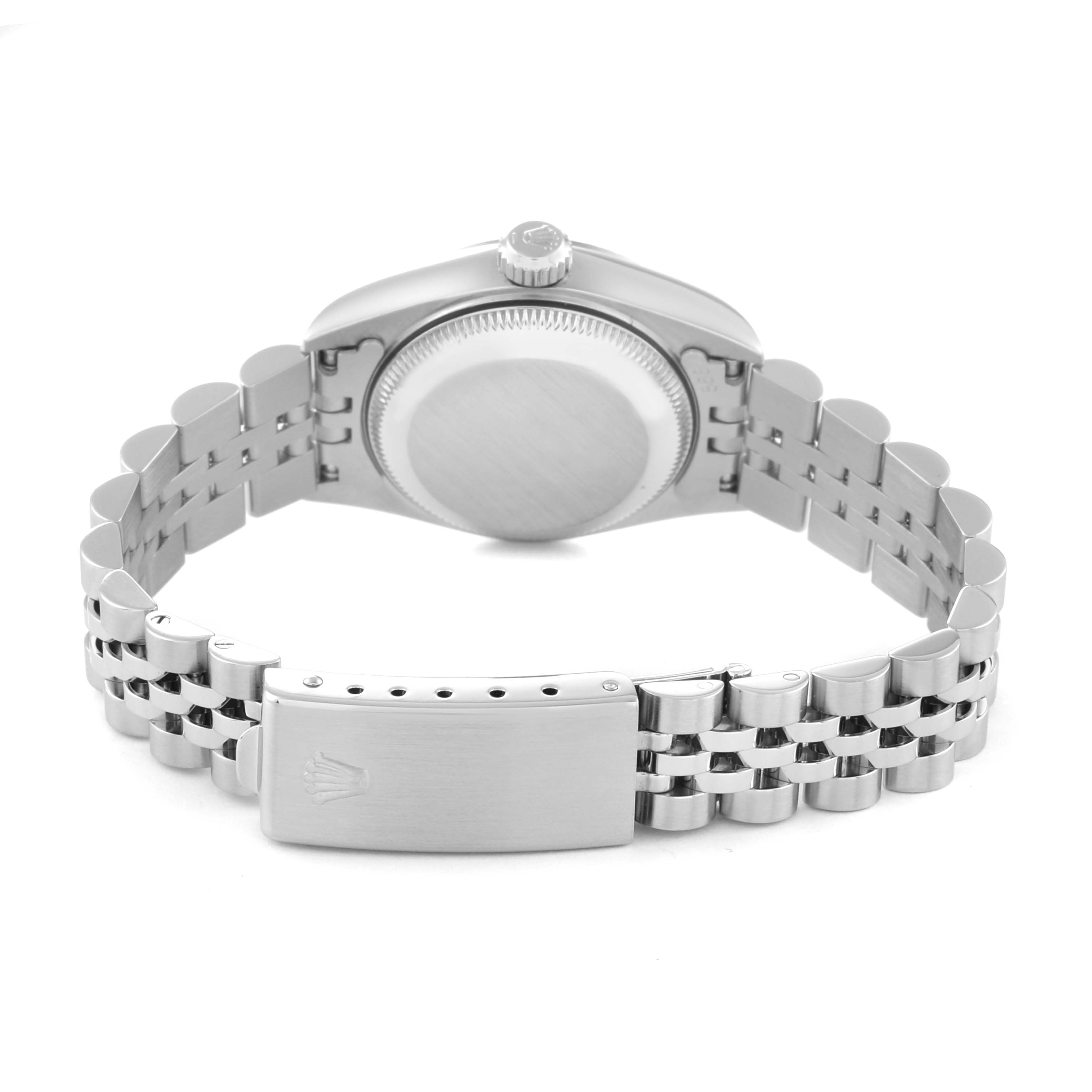 The image shows the back of a Rolex Datejust 69174 Women's Stainless Steel Blue Dial 69174 Women's Stainless Steel Blue Dial watch, highlighting the case back, crown, and Jubilee bracelet with clasp.