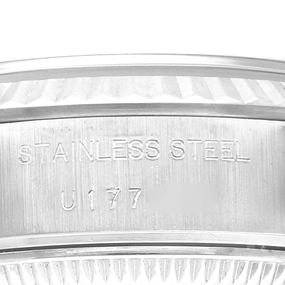 This image shows a close-up of the case back of a Rolex Datejust 69174 Women's Stainless Steel Blue Dial 69174 Women's Stainless Steel Blue Dial watch, revealing the stainless steel engraving.