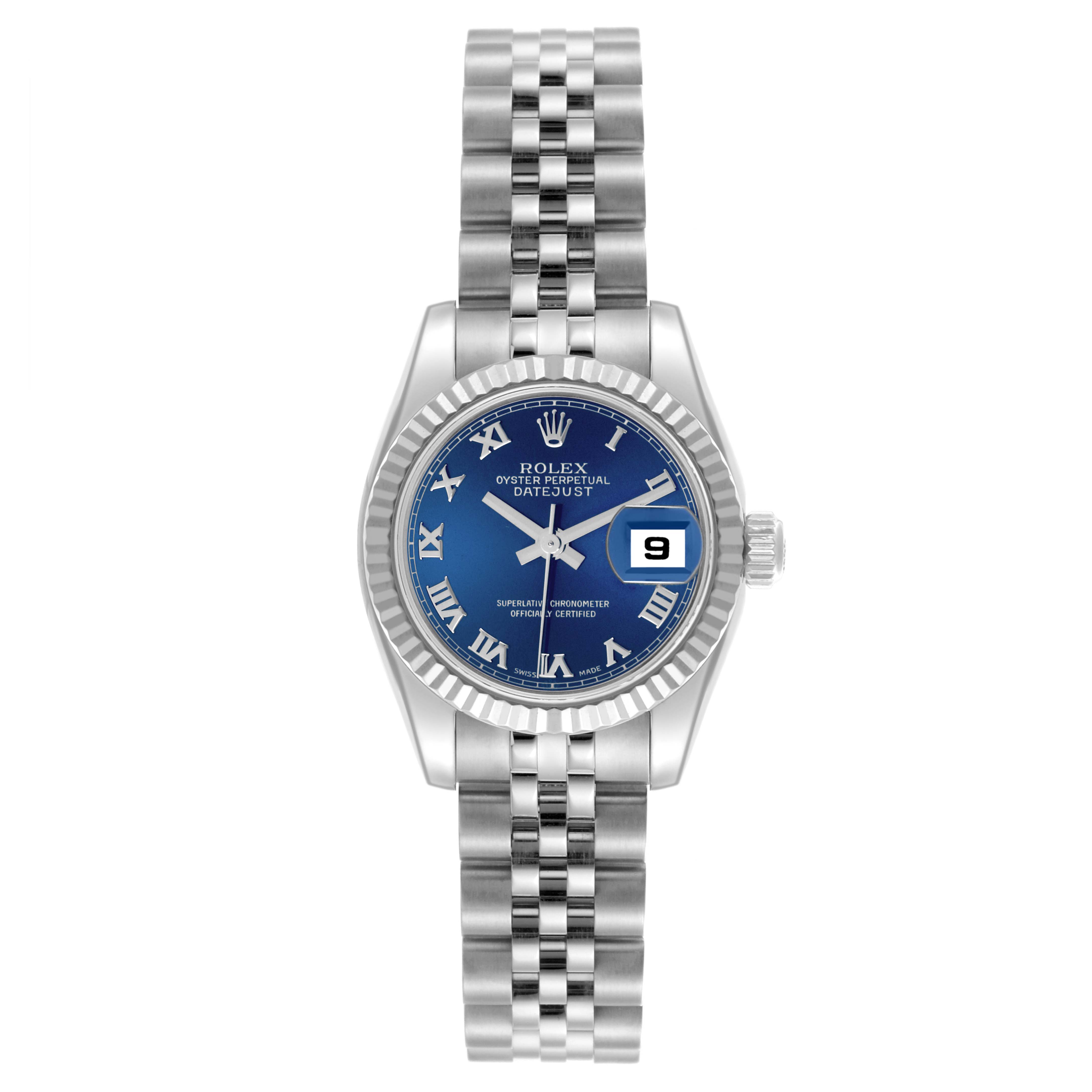 The Rolex Datejust 179174 Women's Stainless Steel Blue Dial 179174 Women's Stainless Steel Blue Dial watch is shown from the front, highlighting its blue dial, Roman numerals, jubilee bracelet, and fluted bezel.
