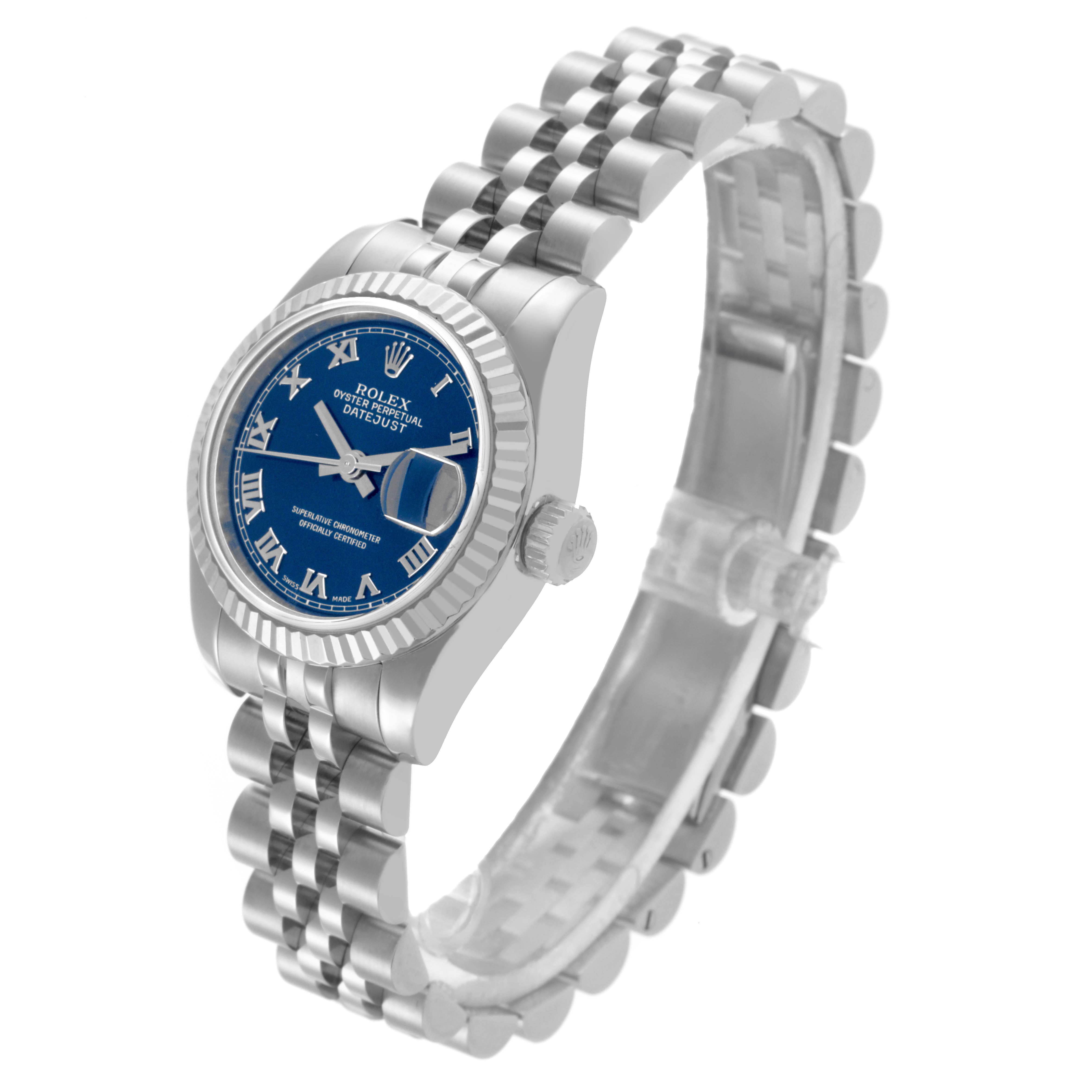 The Rolex Datejust 179174 Women's Stainless Steel Blue Dial 179174 Women's Stainless Steel Blue Dial watch is shown at a three-quarter angle, highlighting the face, bezel, and jubilee bracelet.