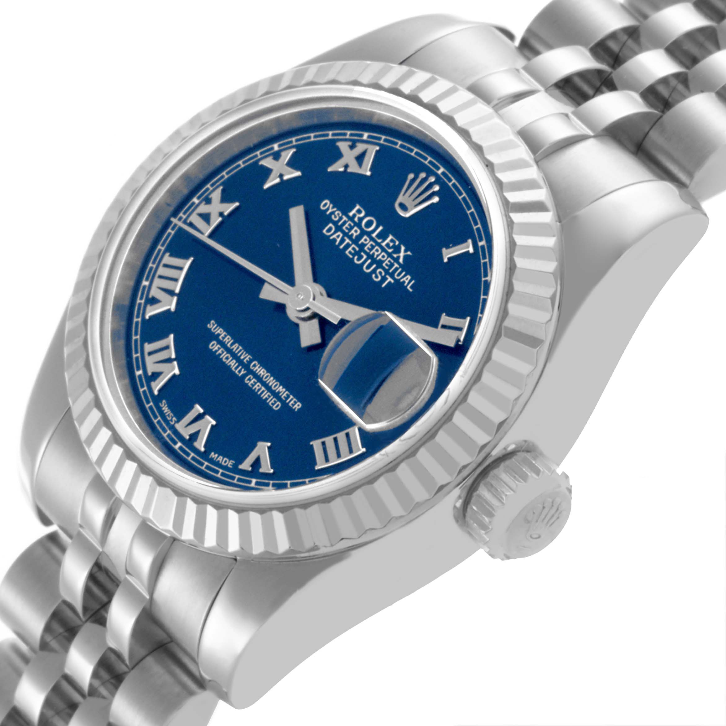The Rolex Datejust 179174 Women's Stainless Steel Blue Dial 179174 Women's Stainless Steel Blue Dial watch is shown at a slight angle, highlighting its blue dial, Roman numerals, fluted bezel, and jubilee bracelet.