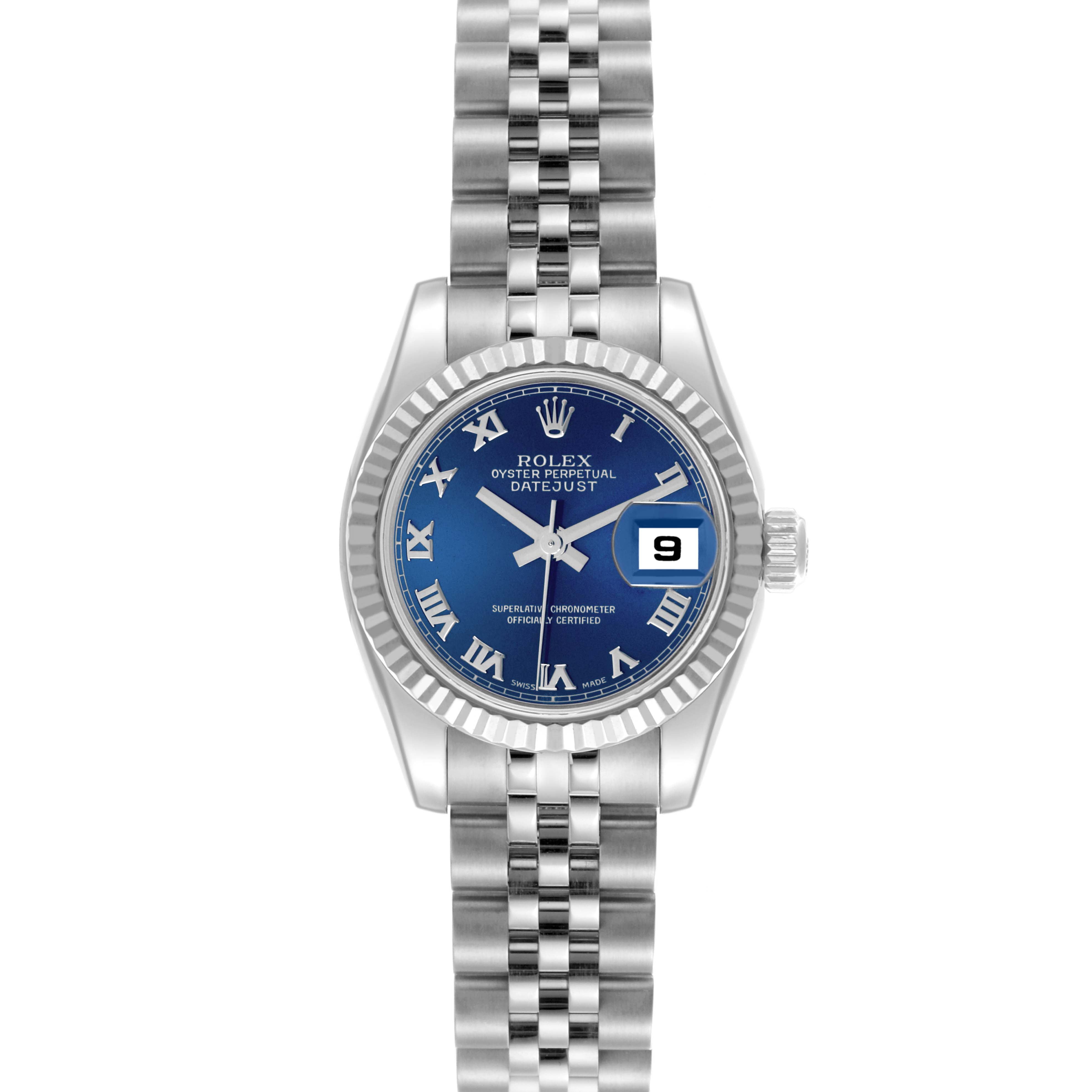 The Rolex Datejust 179174 Women's Stainless Steel Blue Dial 179174 Women's Stainless Steel Blue Dial watch is shown from a front angle, displaying the dial, bezel, crown, and bracelet.