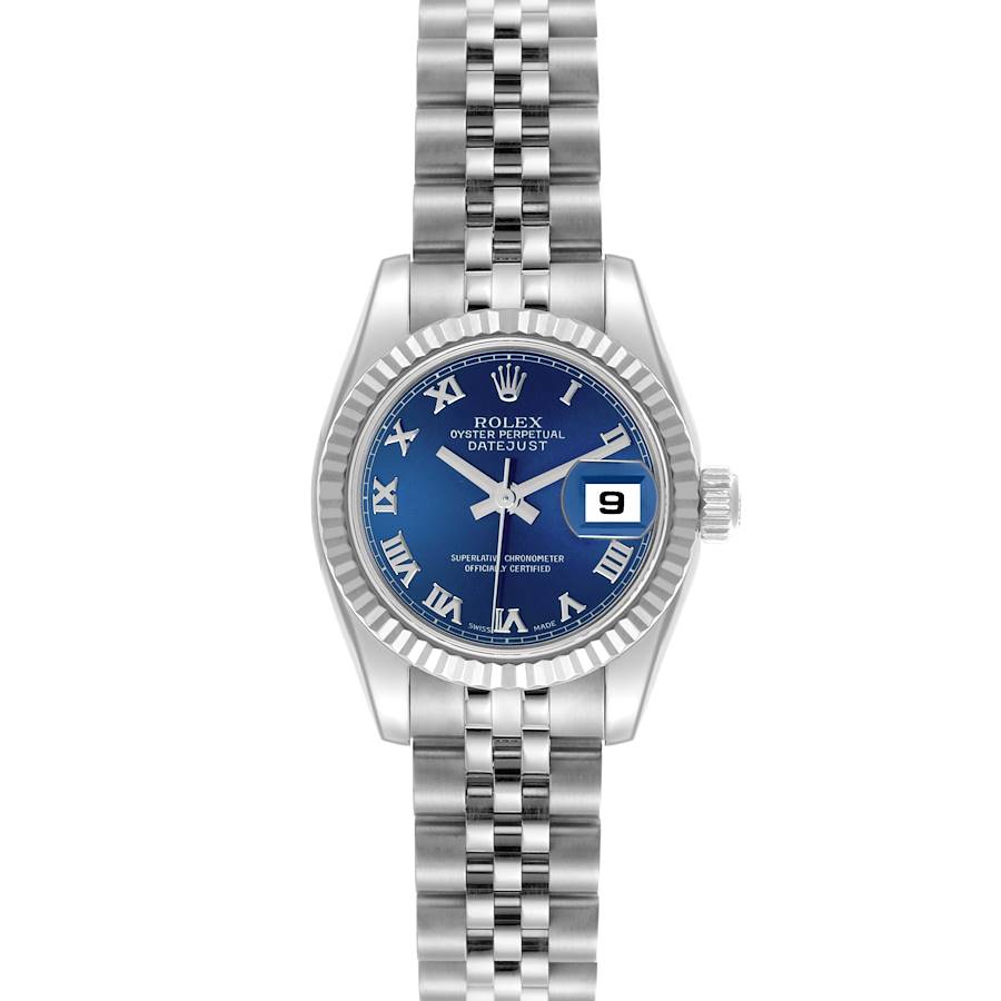 The Rolex Datejust watch is shown from a front angle, displaying the dial, bezel, crown, and bracelet.