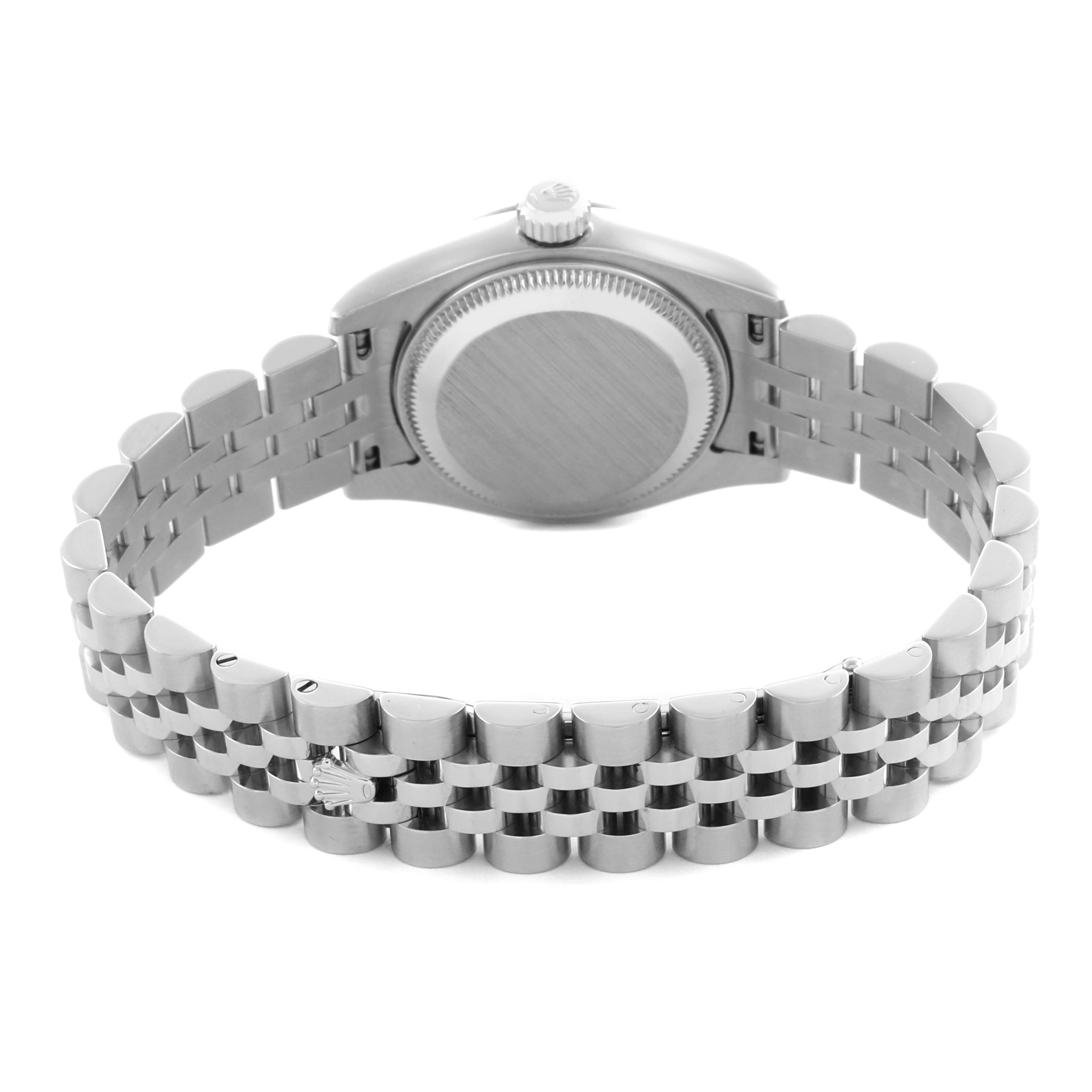 The image shows the back of the Rolex Datejust 179174 Women's Stainless Steel Blue Dial 179174 Women's Stainless Steel Blue Dial watch, focusing on the case back and Jubilee bracelet.