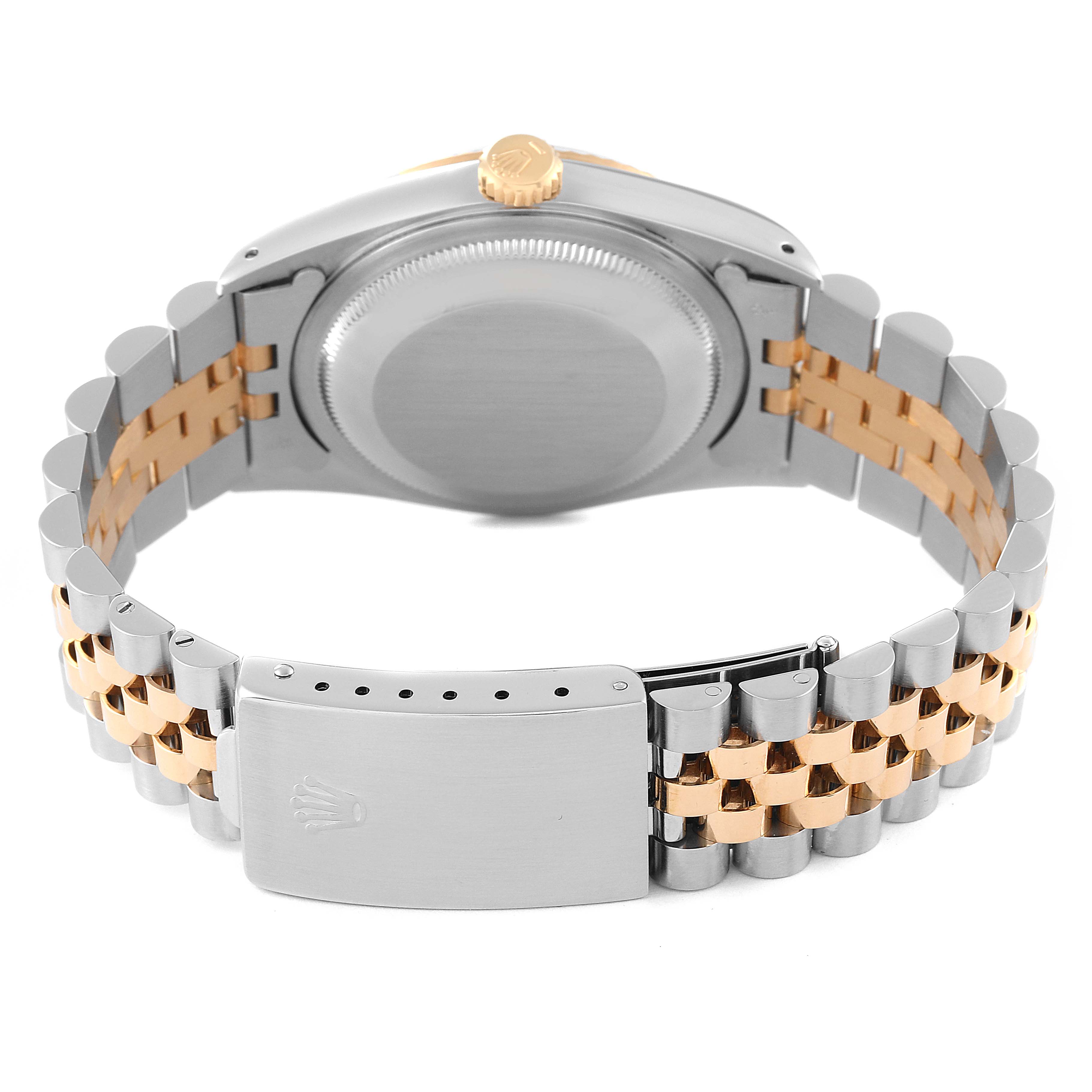 This image shows the back view of a Rolex Datejust 16233 Men's Steel and Gold (two tone) Black Dial 16233 Men's Steel and Gold (two tone) Black Dial watch, highlighting its case back, crown, and two-tone bracelet with clasp.