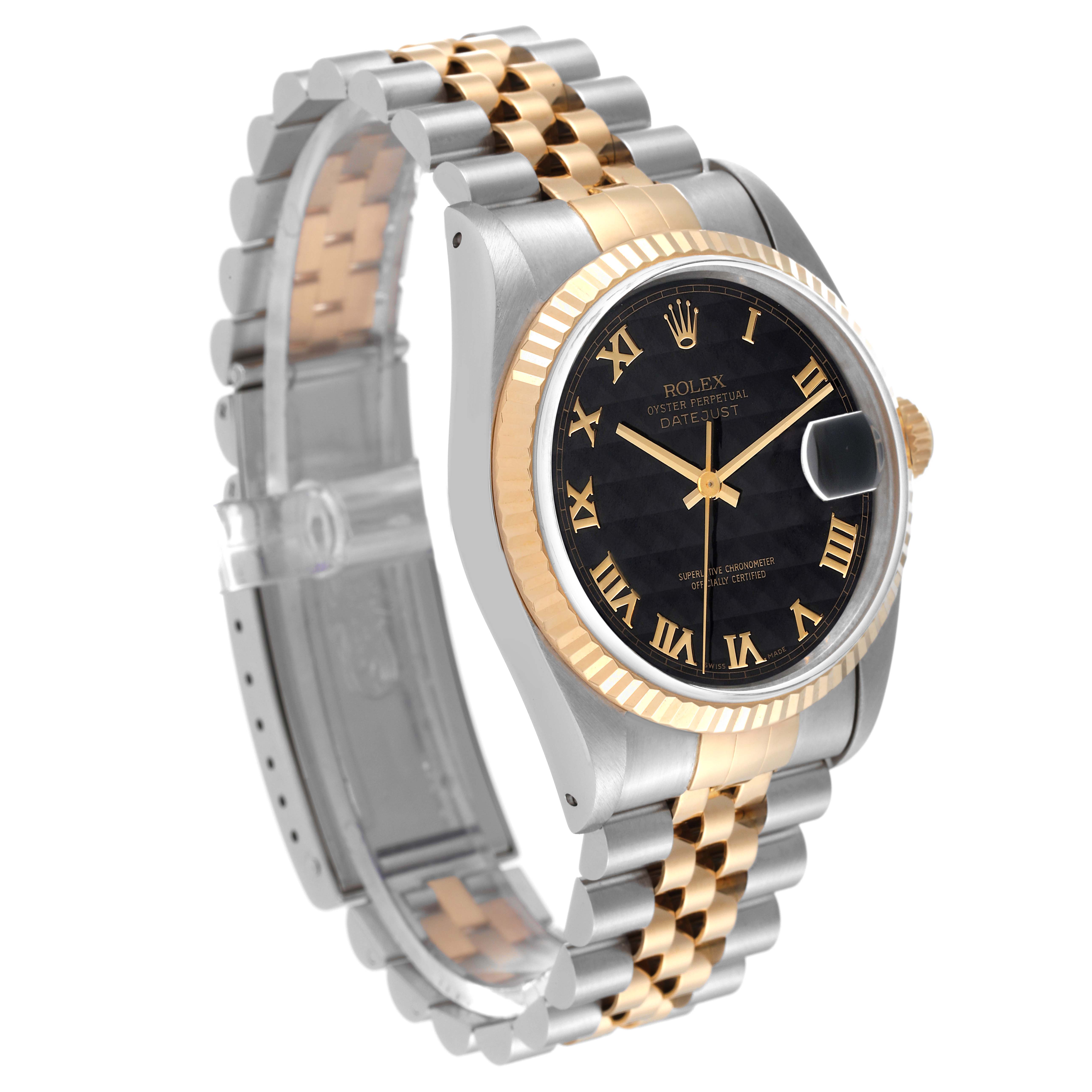 The Rolex Datejust 16233 Men's Steel and Gold (two tone) Black Dial 16233 Men's Steel and Gold (two tone) Black Dial watch is shown at an angle, displaying the dial, bezel, case, and two-tone bracelet.