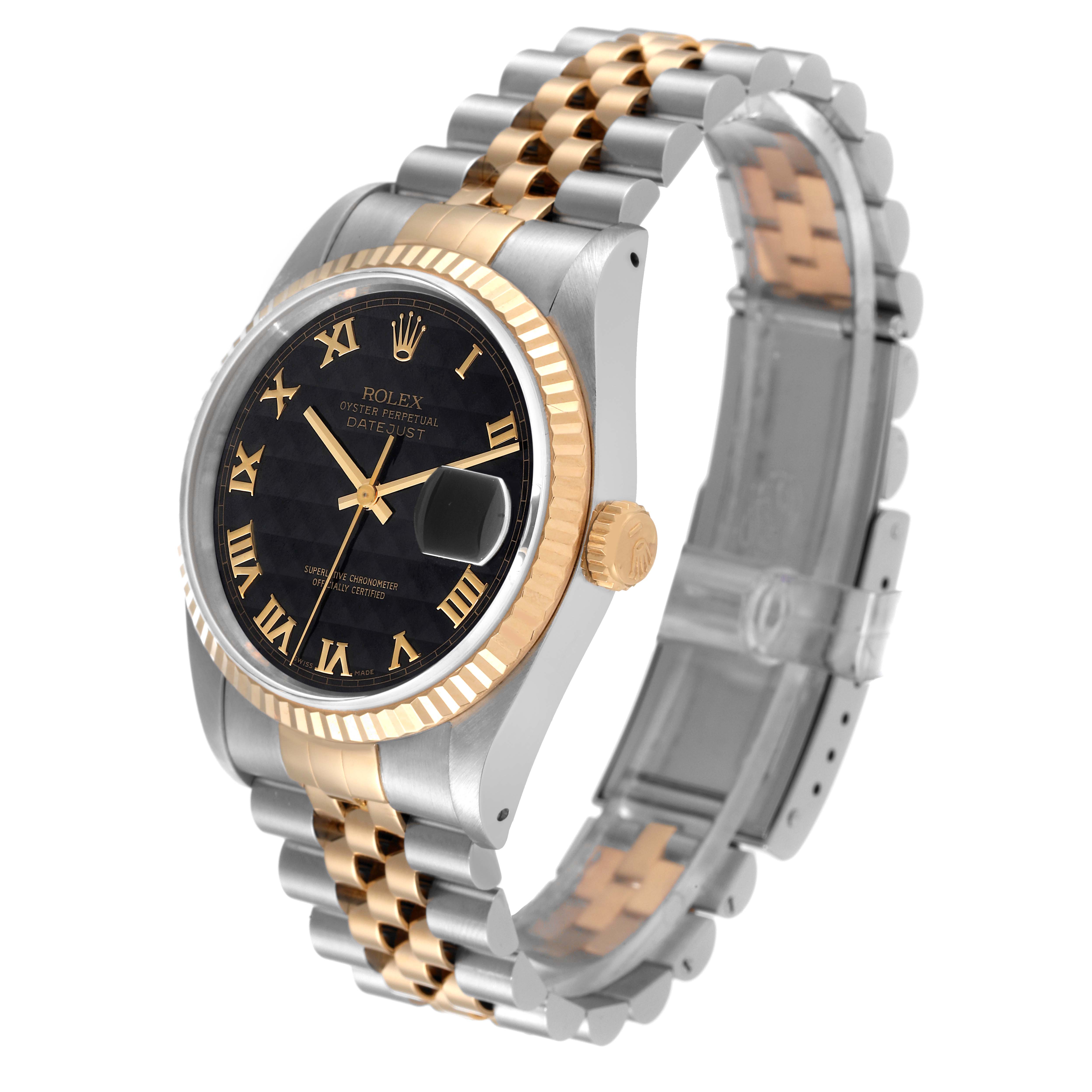 The image shows a side-angle view of a Rolex Datejust 16233 Men's Steel and Gold (two tone) Black Dial 16233 Men's Steel and Gold (two tone) Black Dial watch featuring a two-tone band, a fluted bezel, and a black dial with Roman numerals.