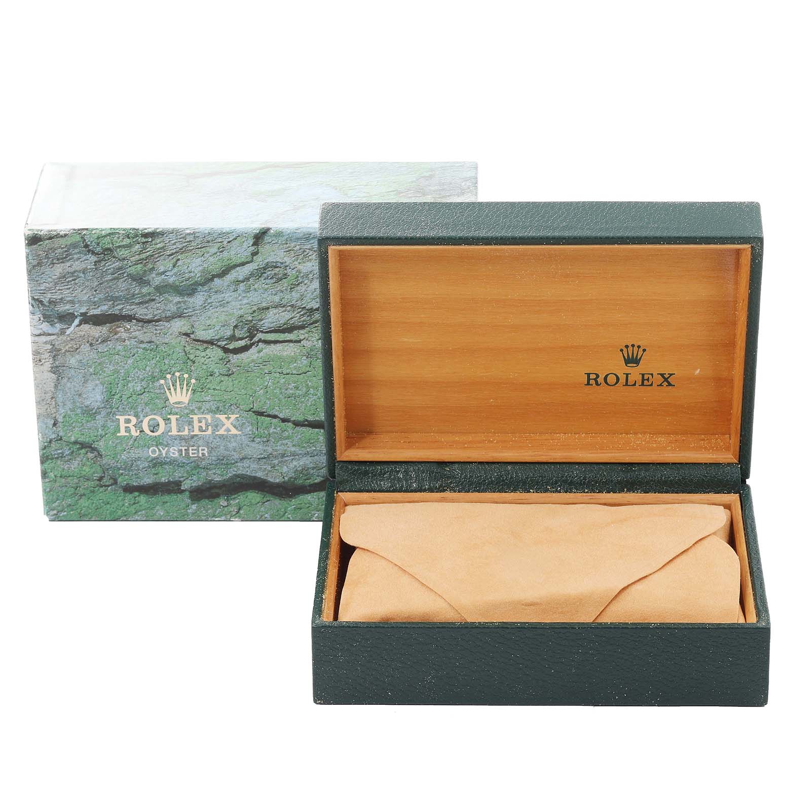 The image shows a Rolex Datejust 16233 Men's Steel and Gold (two tone) Black Dial 16233 Men's Steel and Gold (two tone) Black Dial watch box and cardboard sleeve, with the box open and a pouch inside.