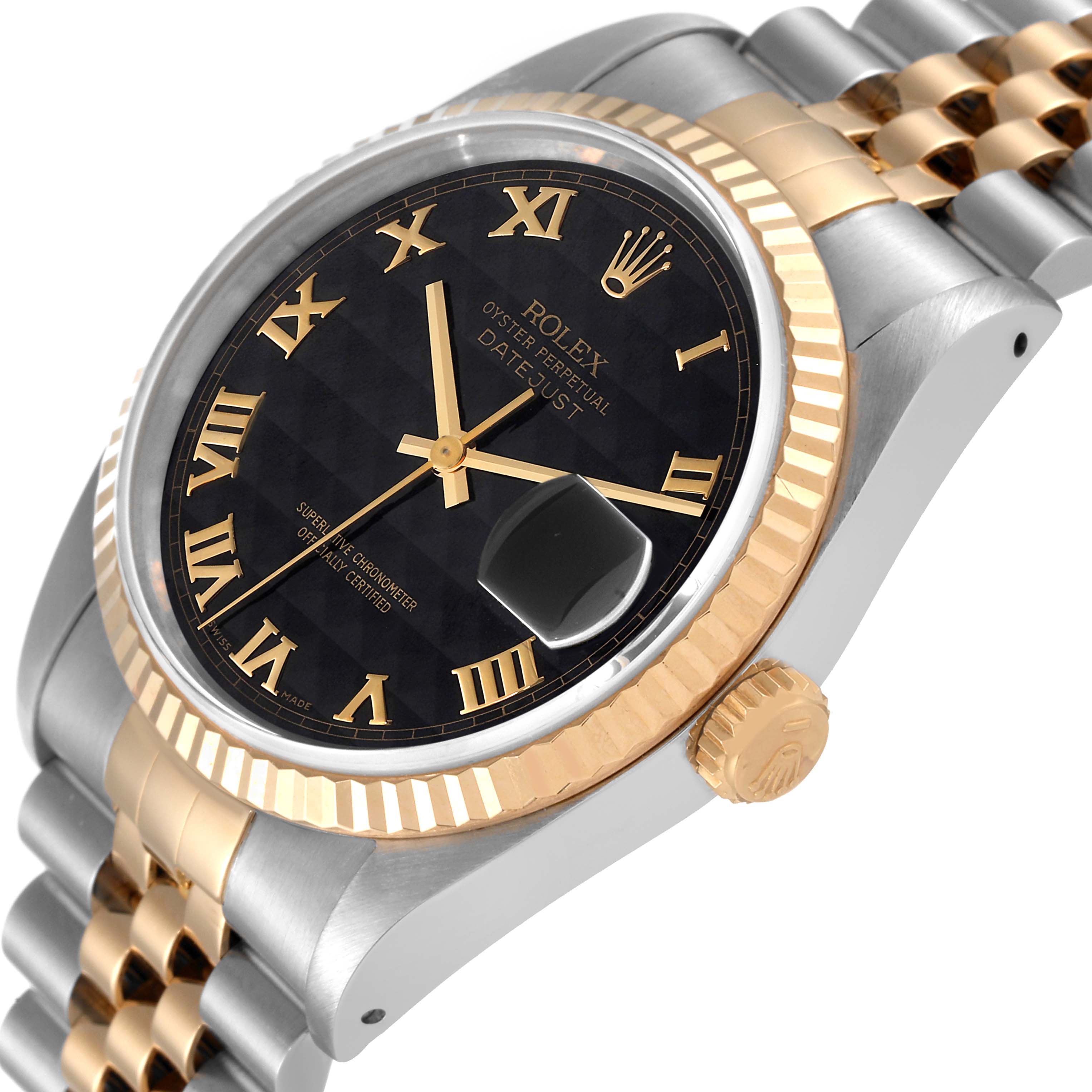 This image shows a Rolex Datejust 16233 Men's Steel and Gold (two tone) Black Dial 16233 Men's Steel and Gold (two tone) Black Dial watch at an angled view, featuring the dial, bezel, and Jubilee bracelet.