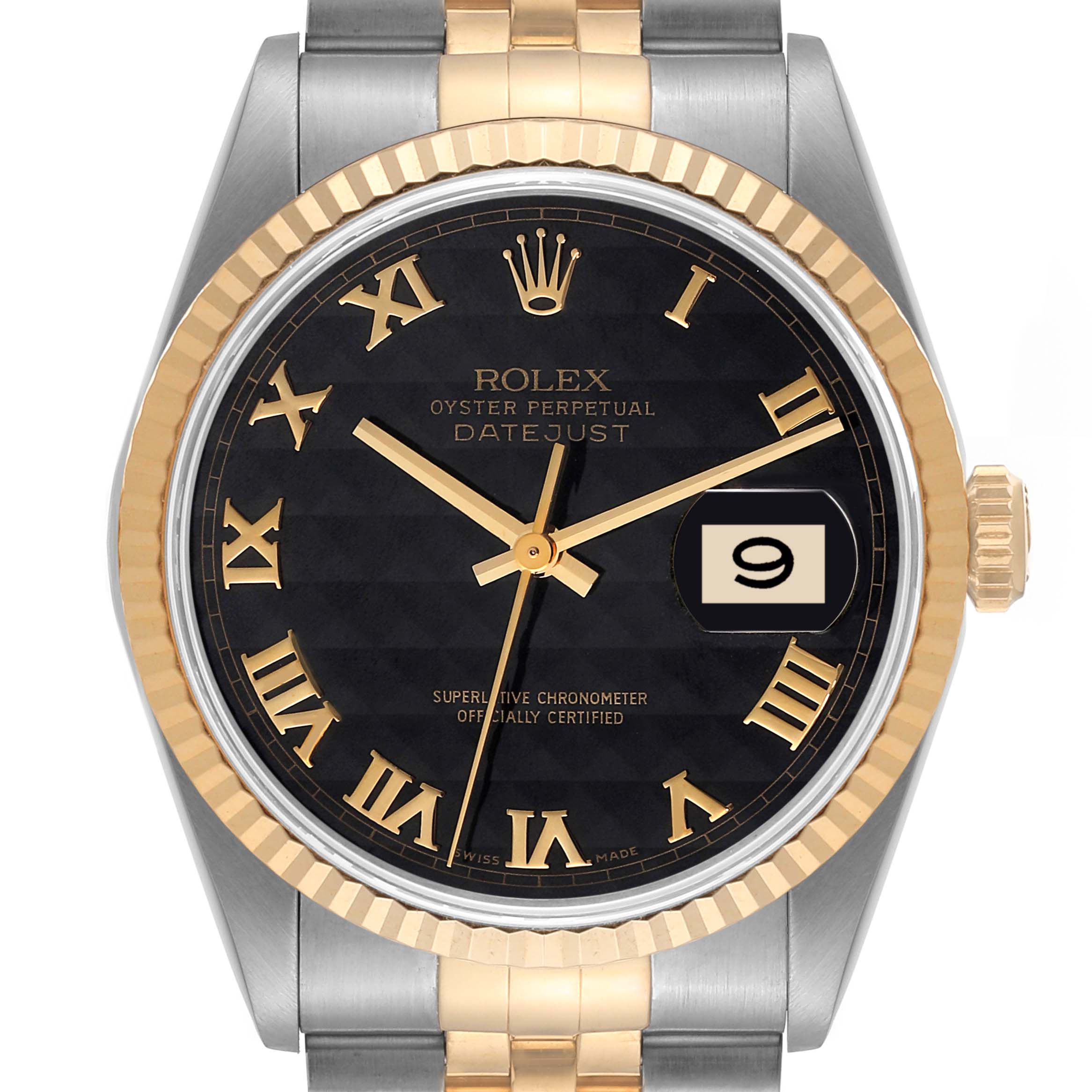 This image shows a close-up front view of the Rolex Datejust 16233 Men's Steel and Gold (two tone) Black Dial 16233 Men's Steel and Gold (two tone) Black Dial, featuring its black dial, gold Roman numerals, and date window.