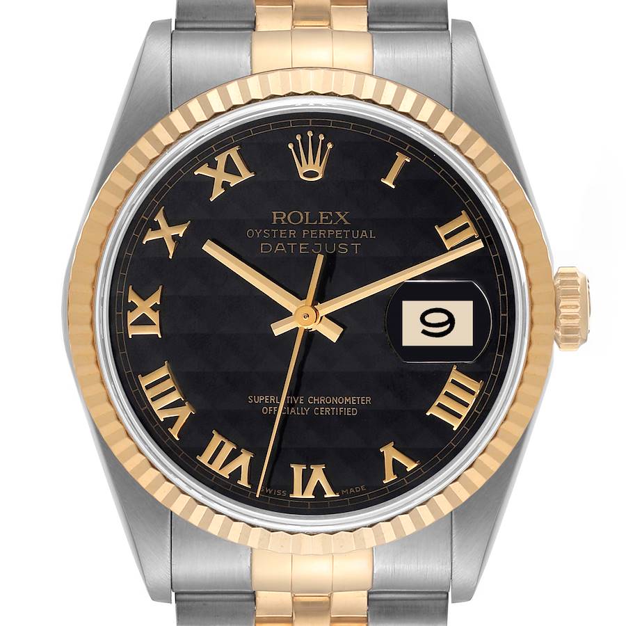 Rolex Datejust Steel Yellow Gold Black Pyramid Dial Mens Watch 16233 SwissWatchExpo