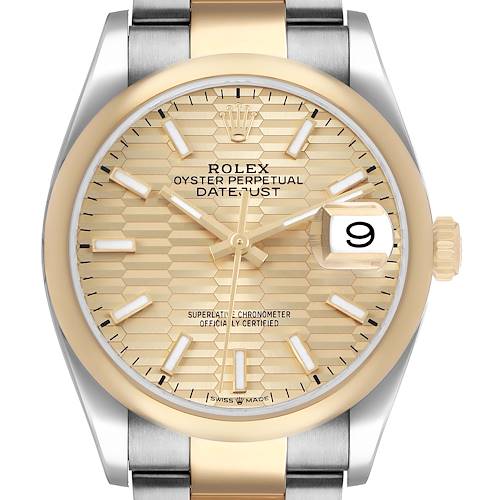 The Rolex Datejust 126203 Men's Steel and Gold (two tone) Champagne Dial watch is shown from a front angle, highlighting the face, textured dial, and partial bracelet.