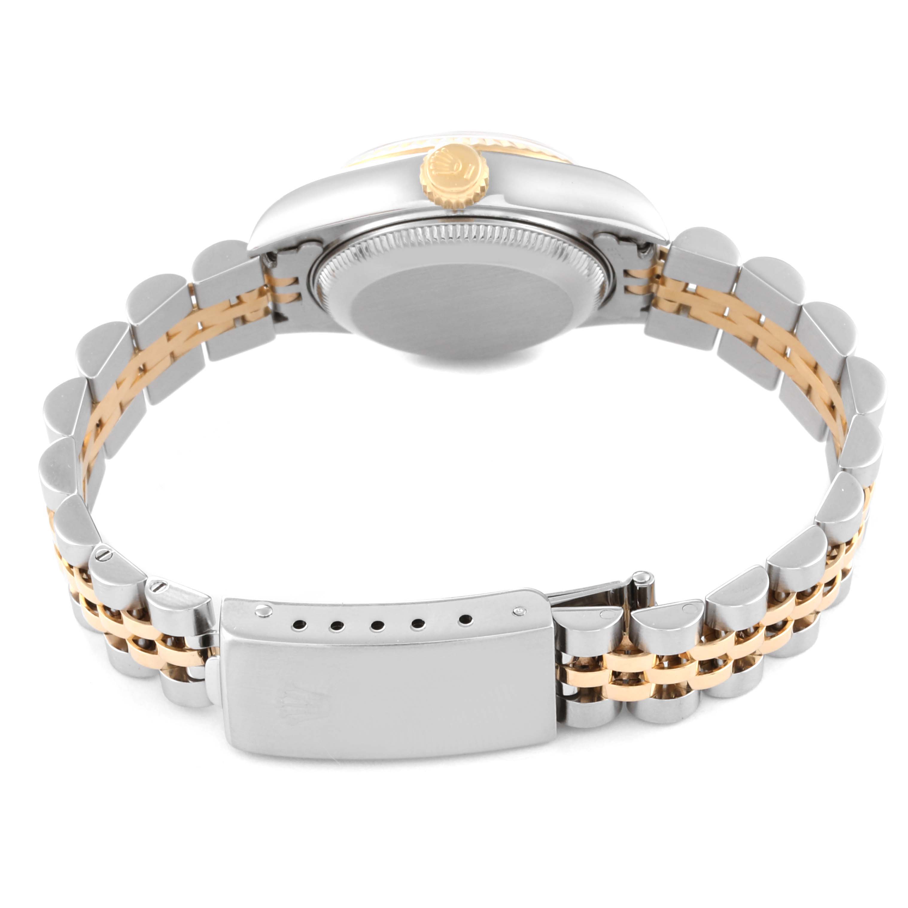 The image shows the back view of a Rolex Datejust 79173 Women's Steel and Gold (two tone) White Dial 79173 Women's Steel and Gold (two tone) White Dial watch, highlighting the bracelet, clasp, case back, and crown.