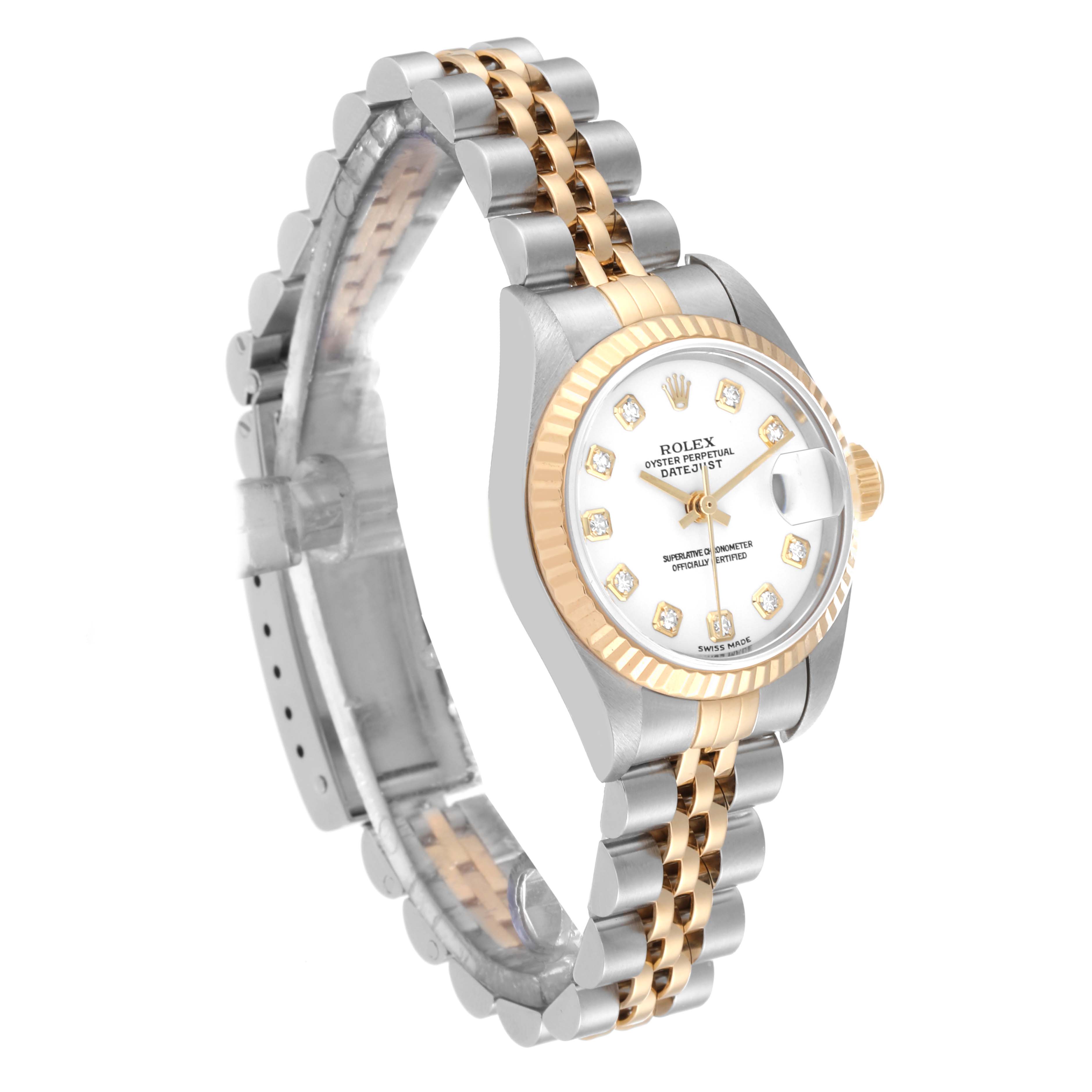 The image shows a Rolex Datejust 79173 Women's Steel and Gold (two tone) White Dial 79173 Women's Steel and Gold (two tone) White Dial watch from an angled side view, highlighting the face, bezel, and two-tone bracelet.