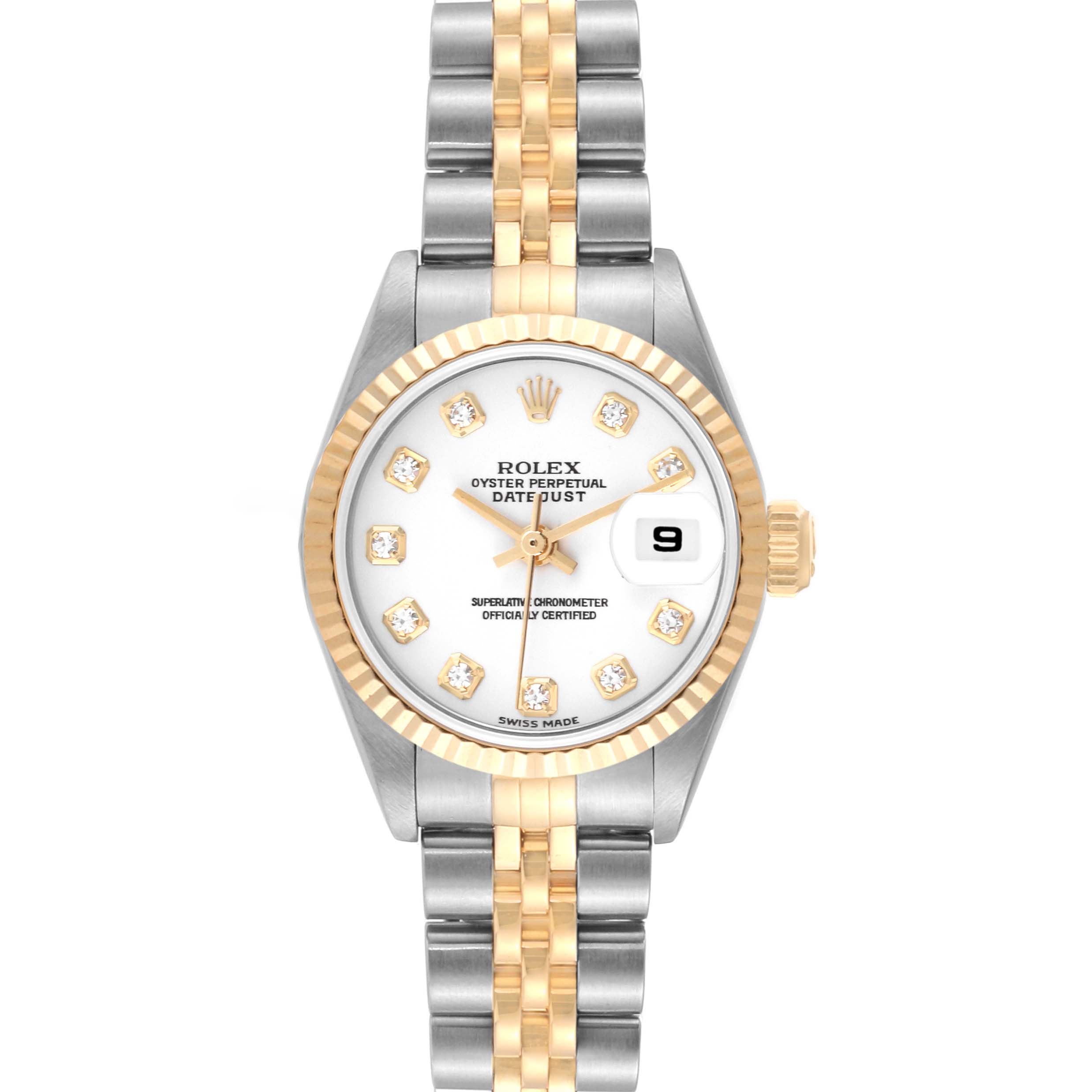 The image shows a front view of a Rolex Datejust 79173 Women's Steel and Gold (two tone) White Dial 79173 Women's Steel and Gold (two tone) White Dial watch, featuring its dial, bezel, and bracelet.