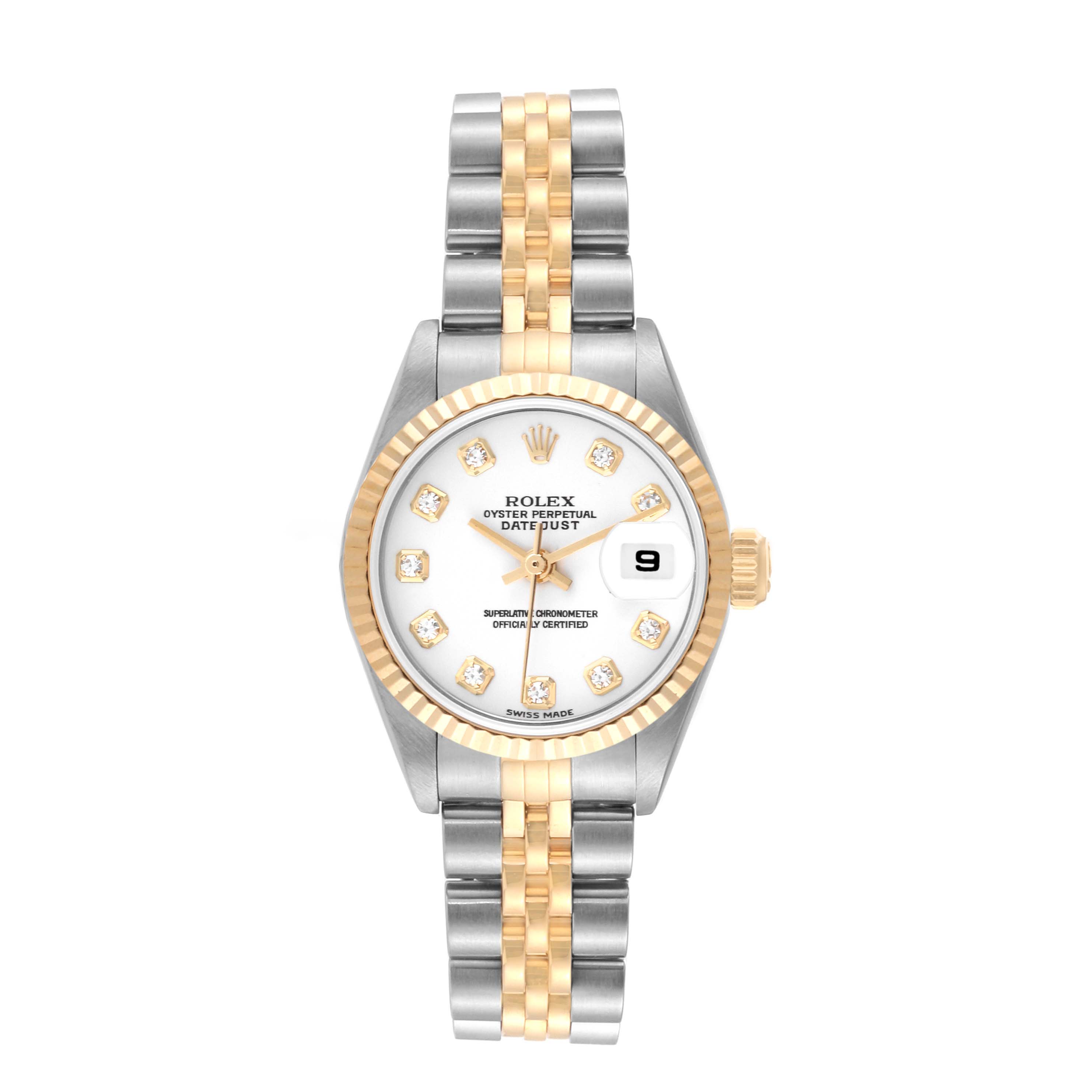 The image shows a front view of a Rolex Datejust 79173 Women's Steel and Gold (two tone) White Dial 79173 Women's Steel and Gold (two tone) White Dial watch including the face, bezel, crown, and two-tone bracelet.