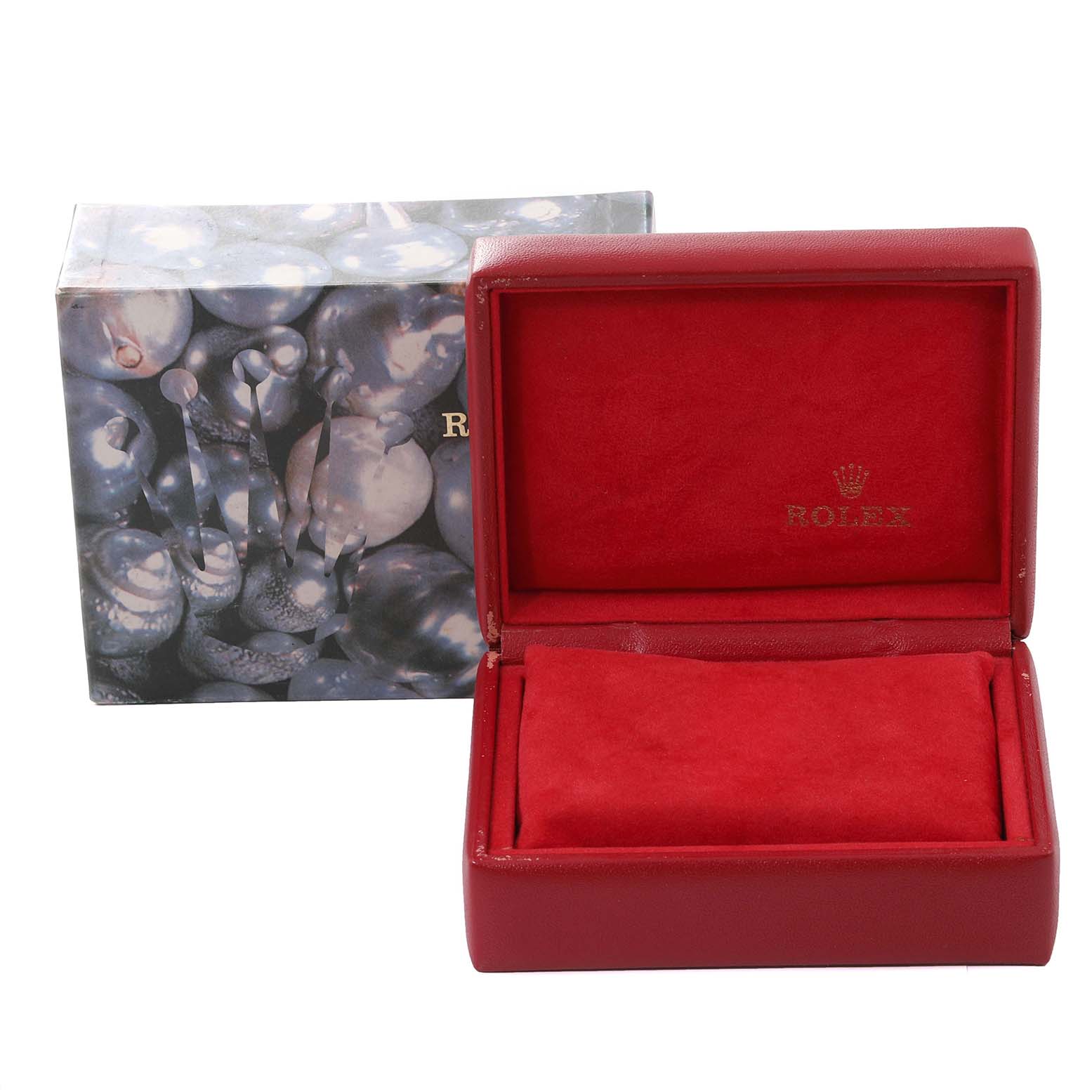 The image shows a red Rolex Datejust 79173 Women's Steel and Gold (two tone) White Dial 79173 Women's Steel and Gold (two tone) White Dial watch box open with a protective cushion inside, and the outer box in the background.