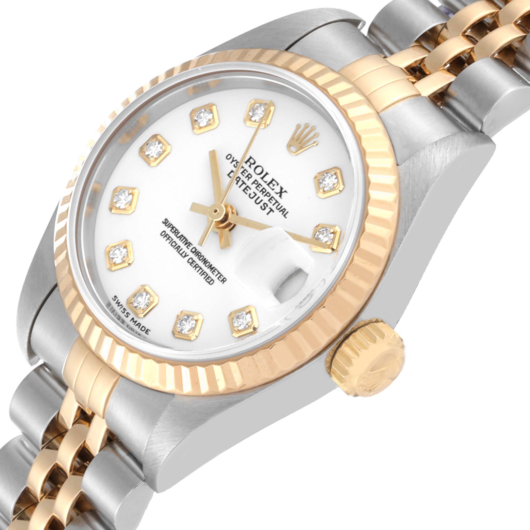 The image shows a close-up, angled view of a Rolex Datejust 79173 Women's Steel and Gold (two tone) White Dial 79173 Women's Steel and Gold (two tone) White Dial watch, highlighting the face, bezel, and part of the bracelet.