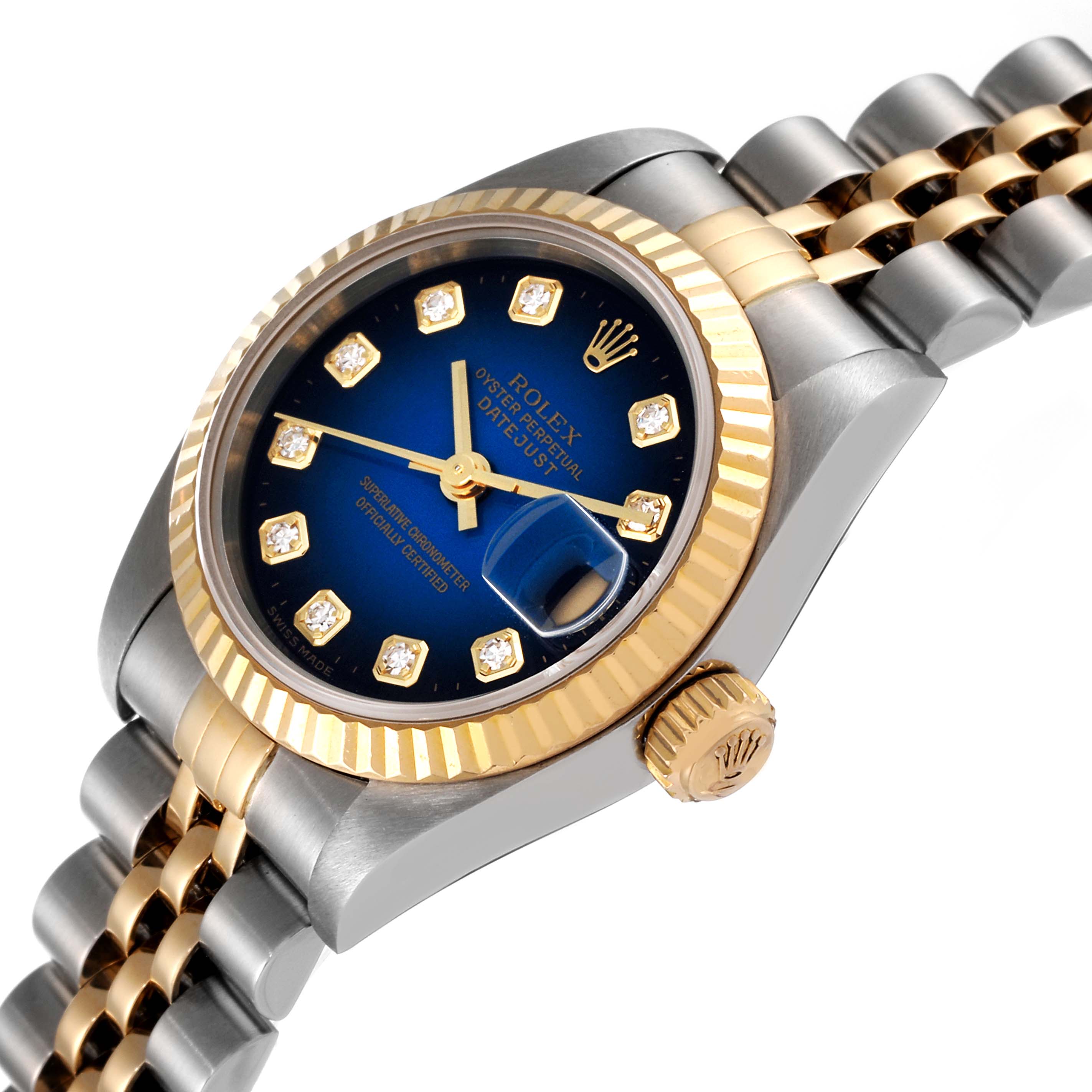 The image shows a Rolex Datejust 79173 Women's Steel and Gold (two tone) Blue Dial 79173 Women's Steel and Gold (two tone) Blue Dial watch at a slight angle, highlighting the blue diamond dial, fluted bezel, and two-tone Jubilee bracelet.