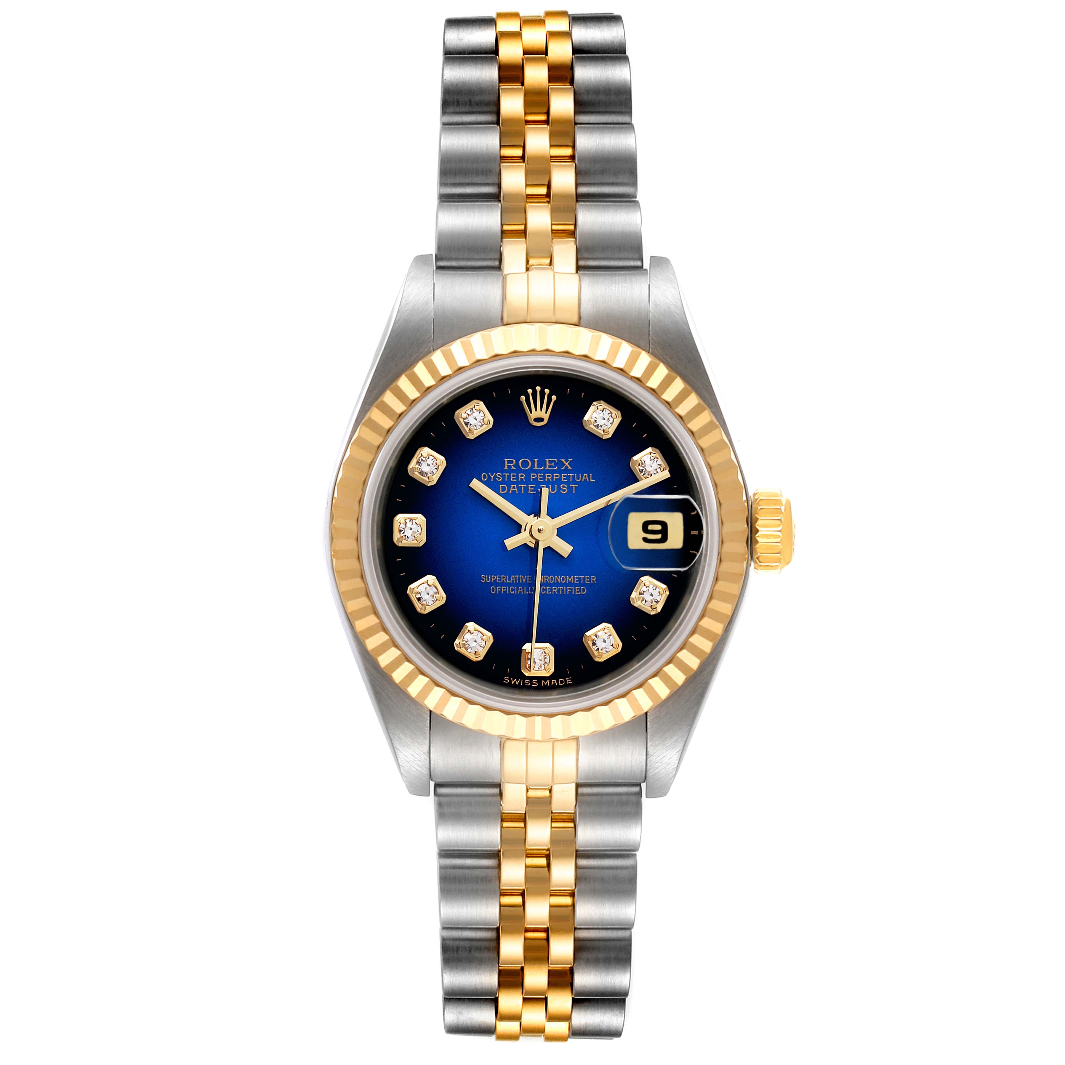 This image shows a Rolex Datejust 79173 Women's Steel and Gold (two tone) Blue Dial 79173 Women's Steel and Gold (two tone) Blue Dial watch from a front angle, displaying the bezel, dial, hands, and bracelet in gold and silver tones.