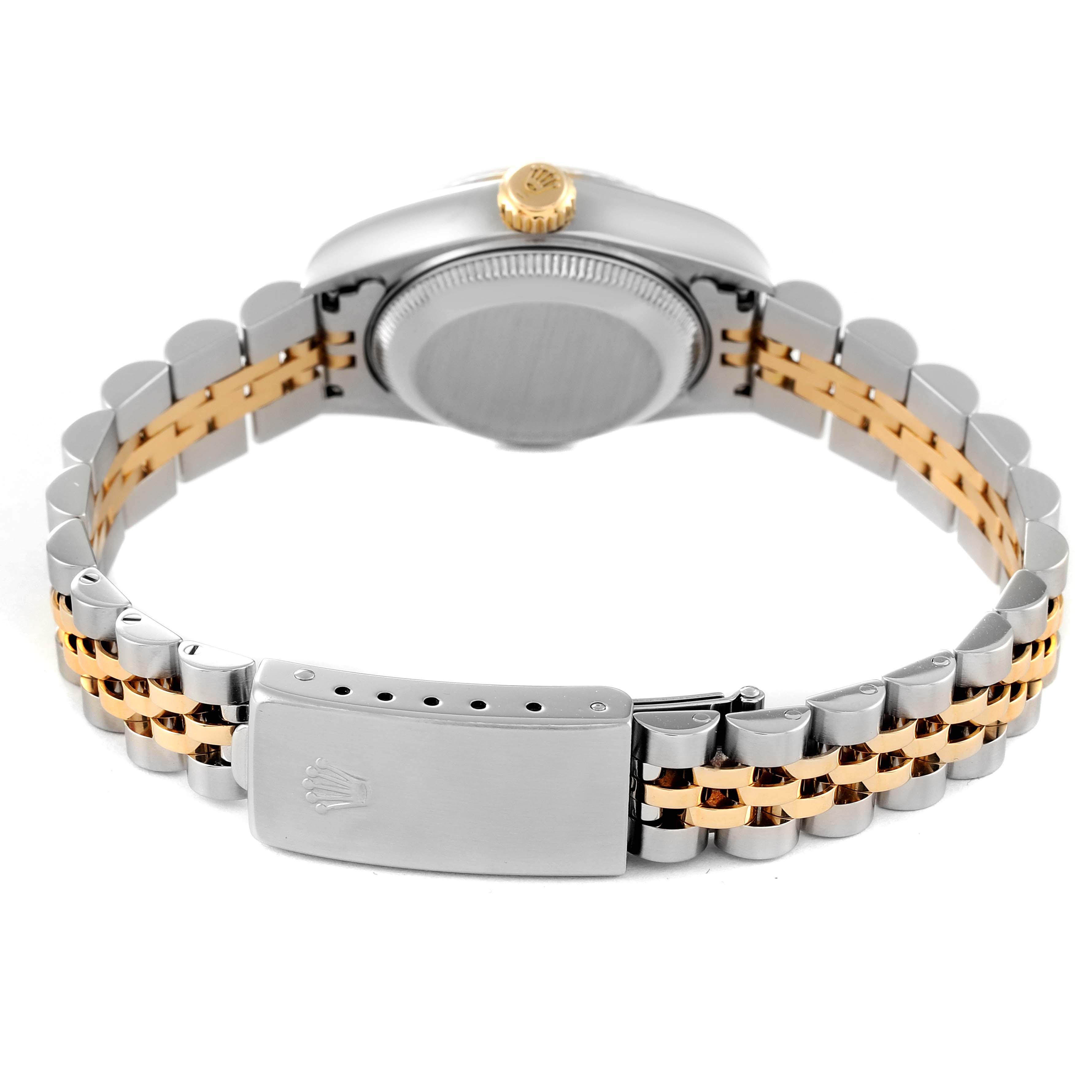 The image shows the back view and bracelet of a Rolex Datejust 79173 Women's Steel and Gold (two tone) Blue Dial 79173 Women's Steel and Gold (two tone) Blue Dial watch, highlighting the clasp and gold accents.