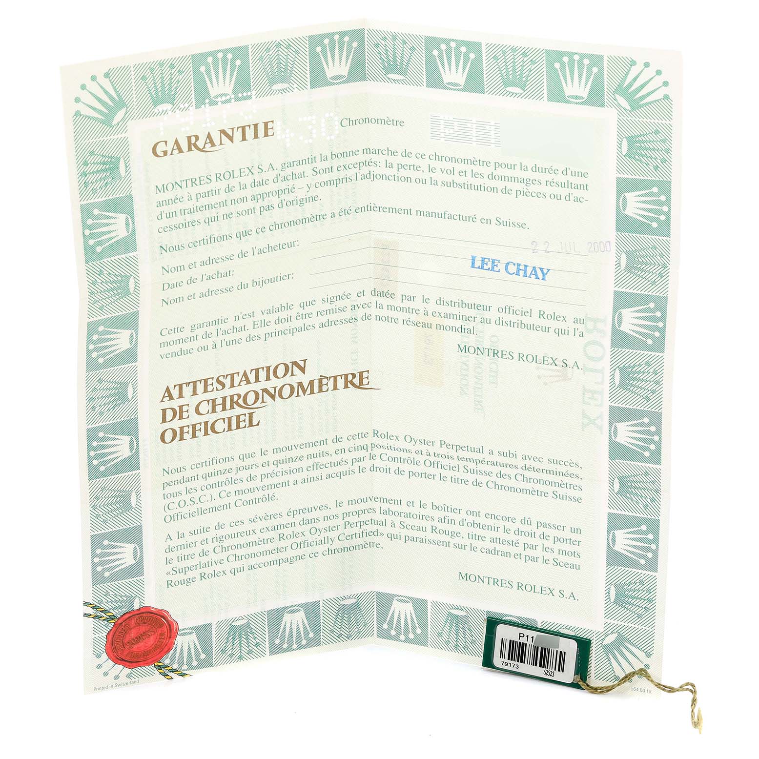 The image shows a warranty certificate and chronometer attestation document for a Rolex Datejust 79173 Women's Steel and Gold (two tone) Blue Dial 79173 Women's Steel and Gold (two tone) Blue Dial watch.