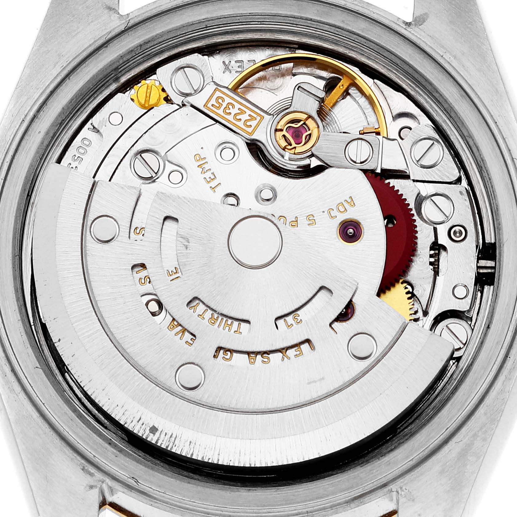 This image shows the internal mechanical movement of a Rolex Datejust 79173 Women's Steel and Gold (two tone) Blue Dial 79173 Women's Steel and Gold (two tone) Blue Dial watch from the back.