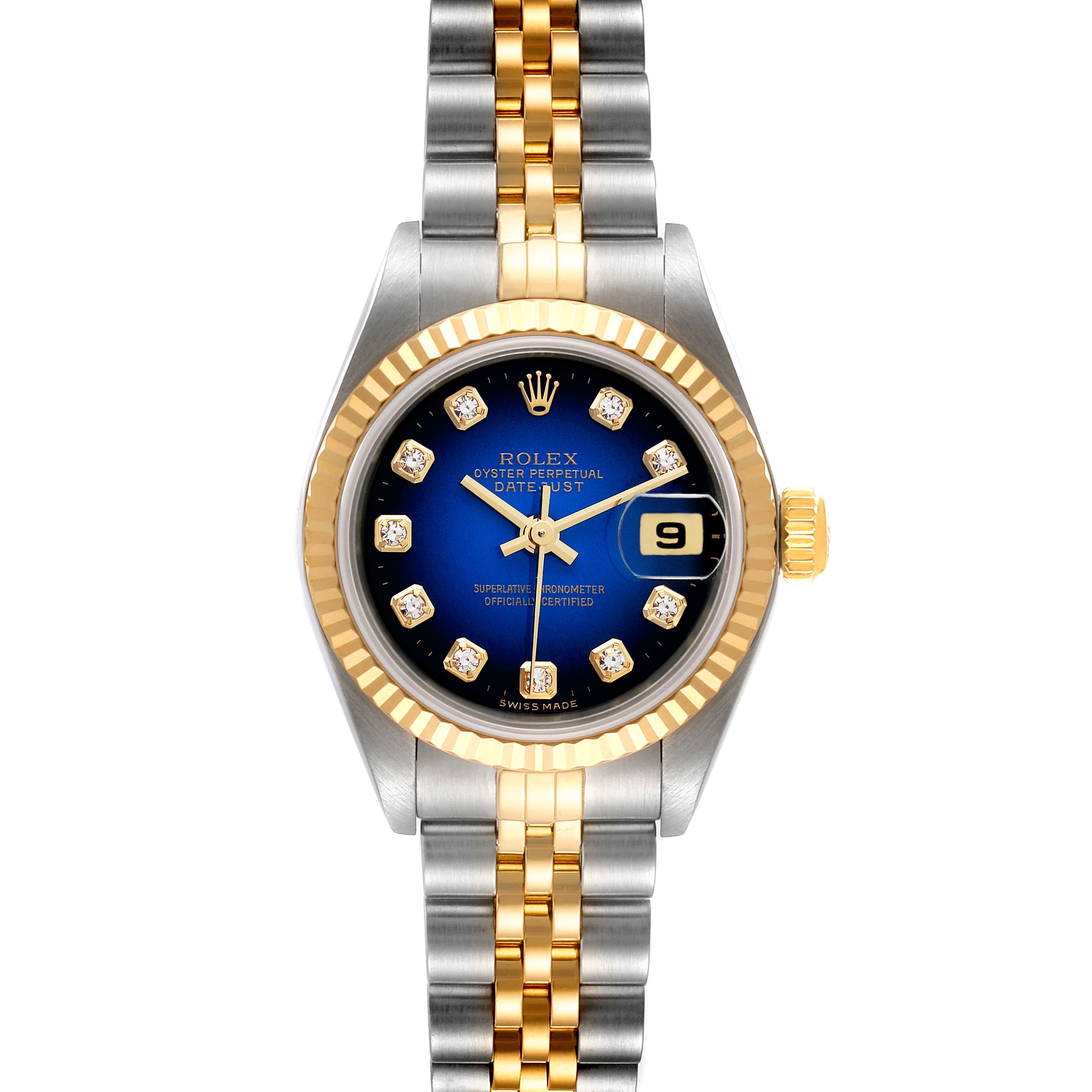 This Rolex Datejust 79173 Women's Steel and Gold (two tone) Blue Dial 79173 Women's Steel and Gold (two tone) Blue Dial watch is shown from the front, displaying its two-tone bracelet, blue dial with diamond markers, and gold fluted bezel.