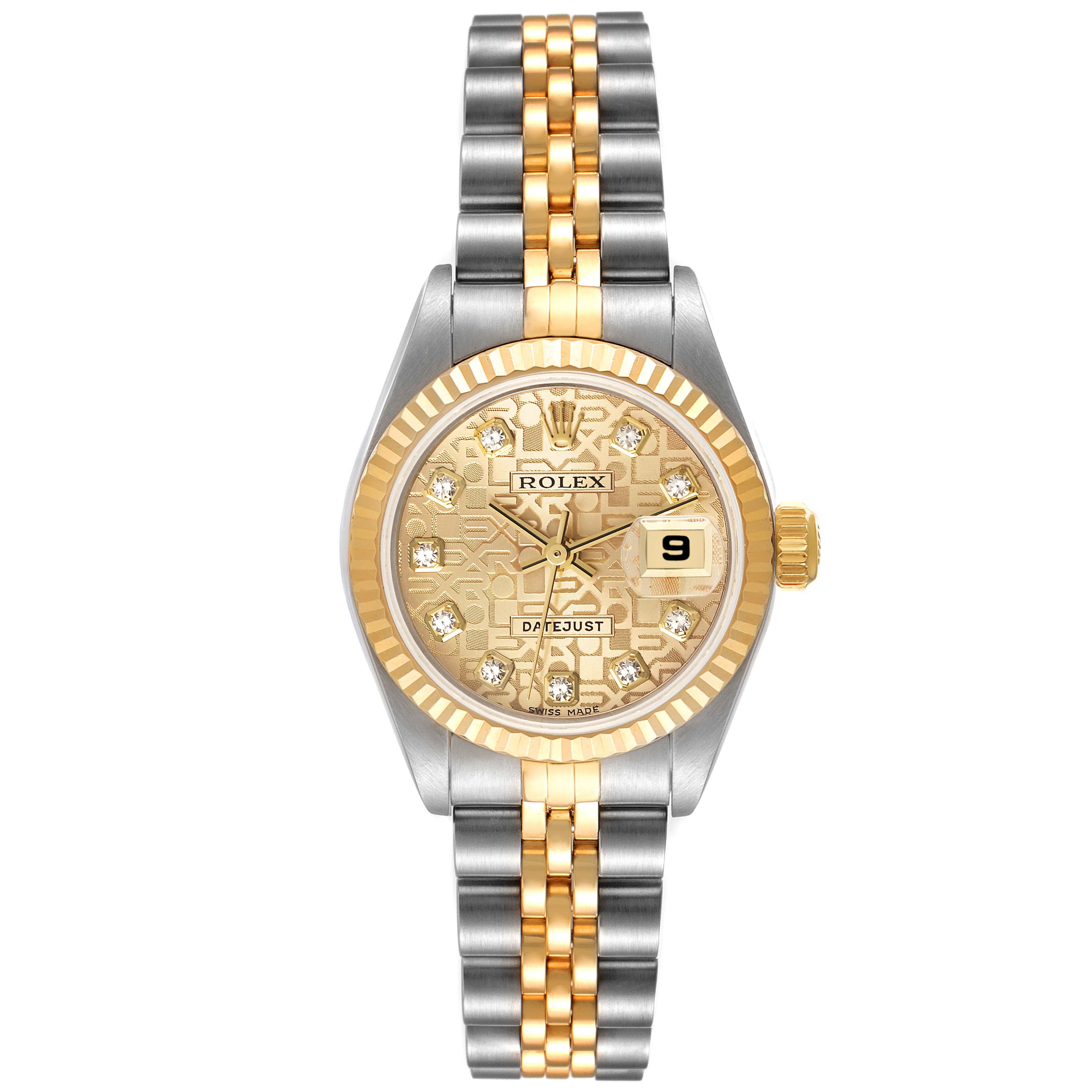 The image shows a front view of the Rolex Datejust 79173 Women's Steel and Gold (two tone) Champagne Dial 79173 Women's Steel and Gold (two tone) Champagne Dial watch, including its face, bezel, and two-tone bracelet.