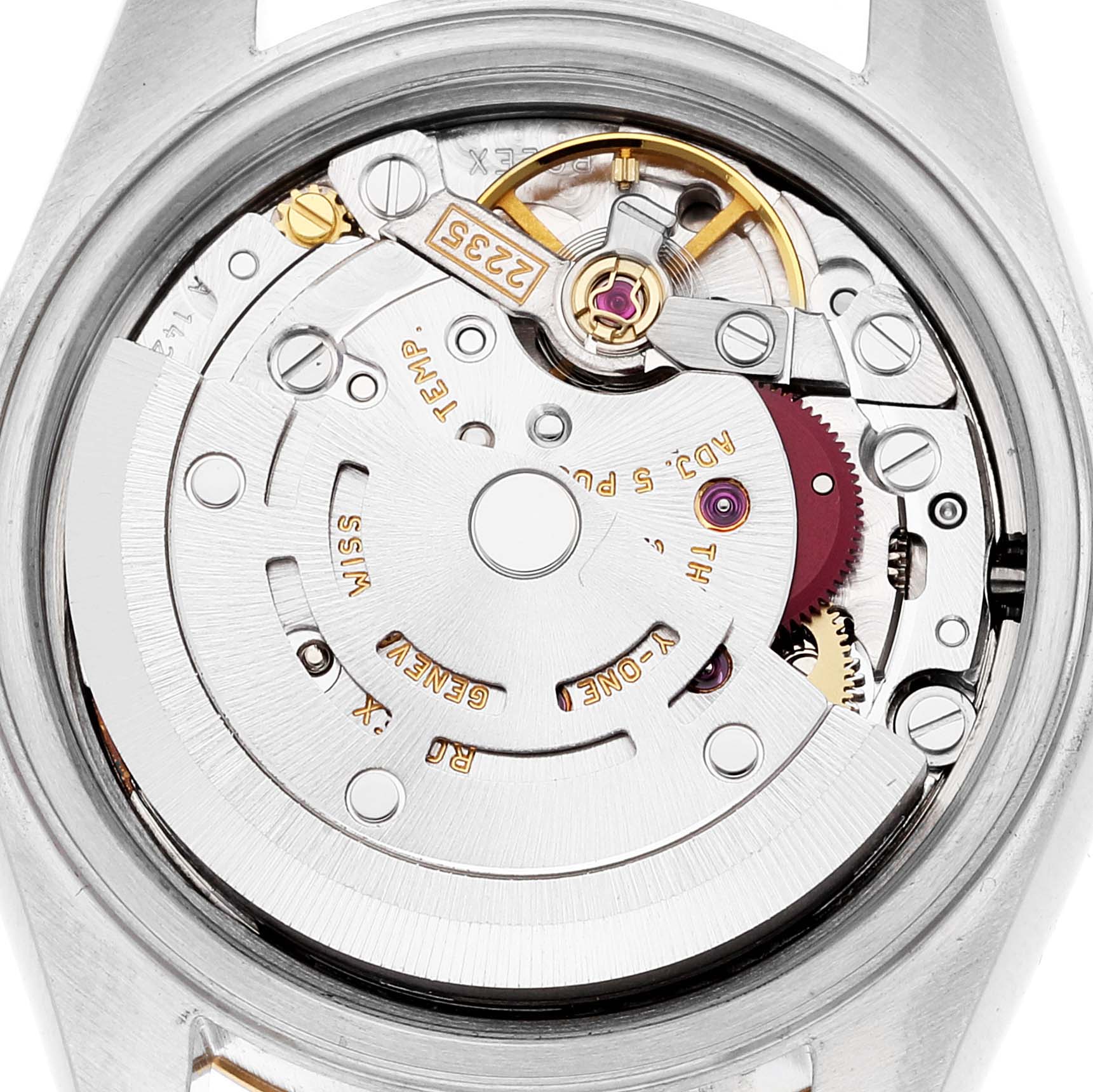 The image shows the internal mechanism of a Rolex Datejust 79173 Women's Steel and Gold (two tone) Champagne Dial 79173 Women's Steel and Gold (two tone) Champagne Dial watch, viewed from the back case.