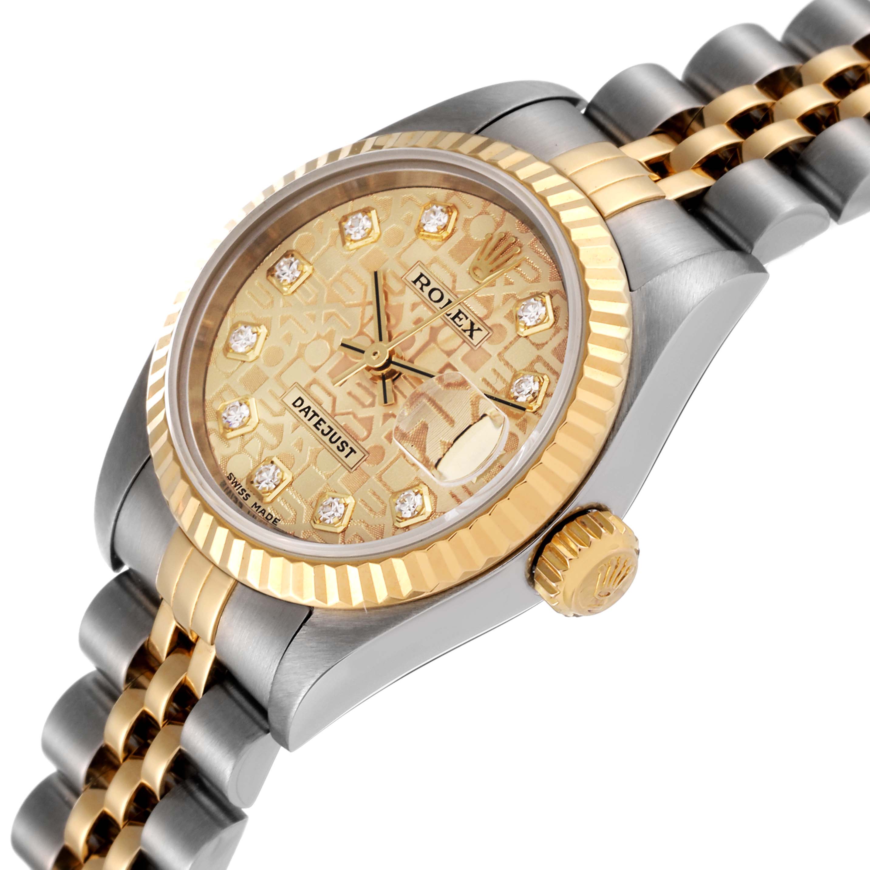 This image shows a close-up angled shot of a Rolex Datejust 79173 Women's Steel and Gold (two tone) Champagne Dial 79173 Women's Steel and Gold (two tone) Champagne Dial watch, highlighting the dial, bezel, crown, and bracelet.