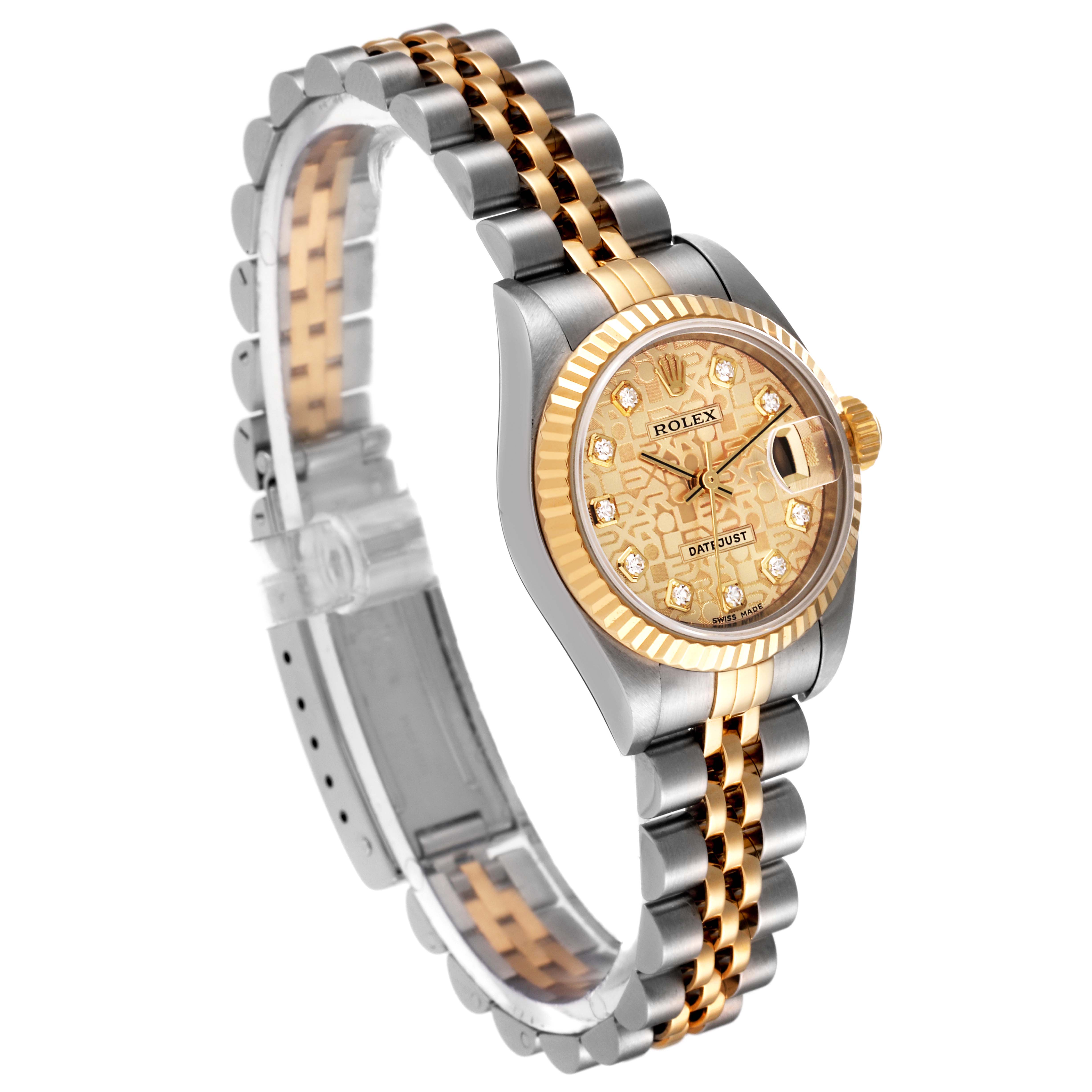 The image shows a Rolex Datejust 79173 Women's Steel and Gold (two tone) Champagne Dial 79173 Women's Steel and Gold (two tone) Champagne Dial model watch at a three-quarter angle, highlighting its two-tone bracelet and dial.