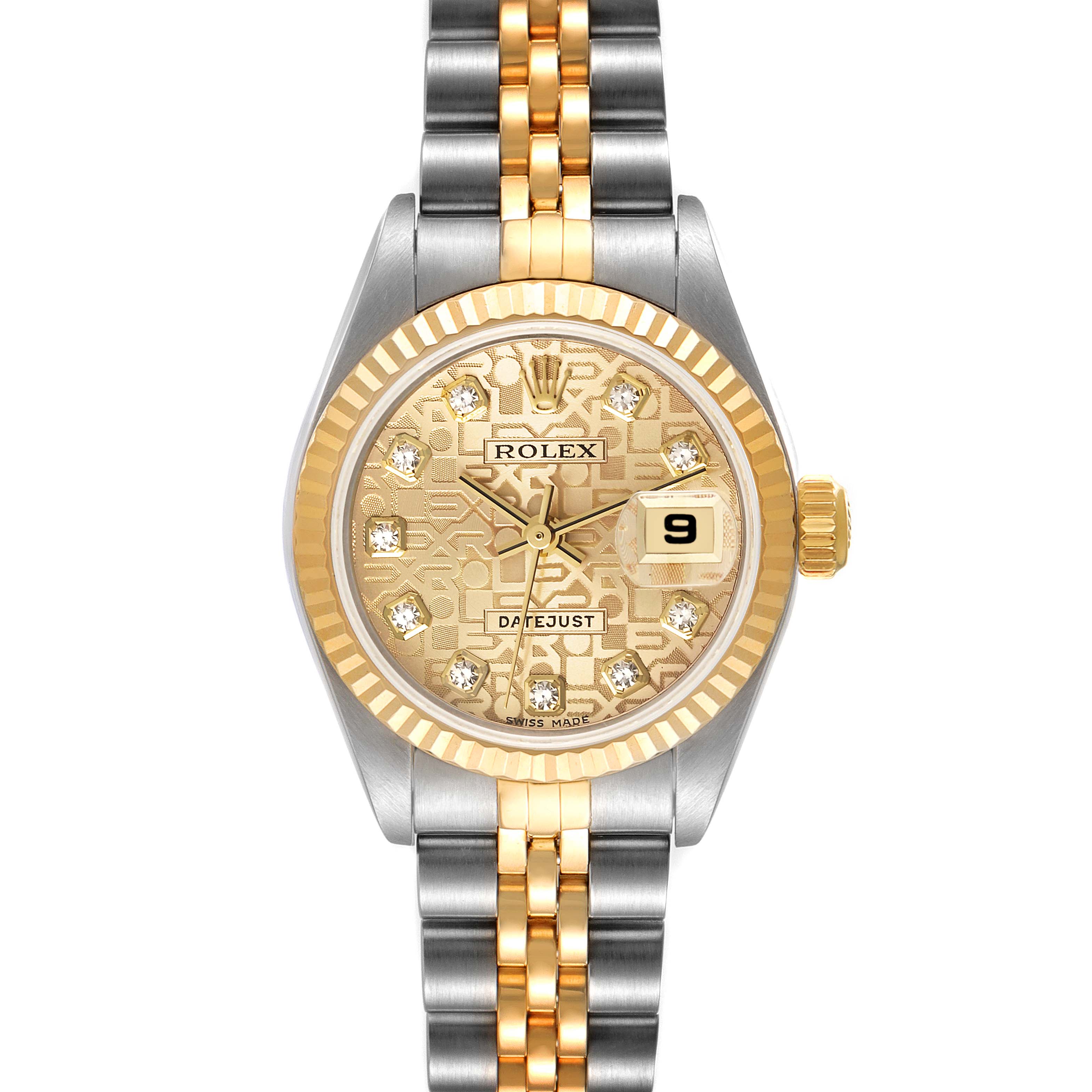 This Rolex Datejust 79173 Women's Steel and Gold (two tone) Champagne Dial 79173 Women's Steel and Gold (two tone) Champagne Dial watch is shown from the front, highlighting its two-tone bracelet, gold face, and date window.