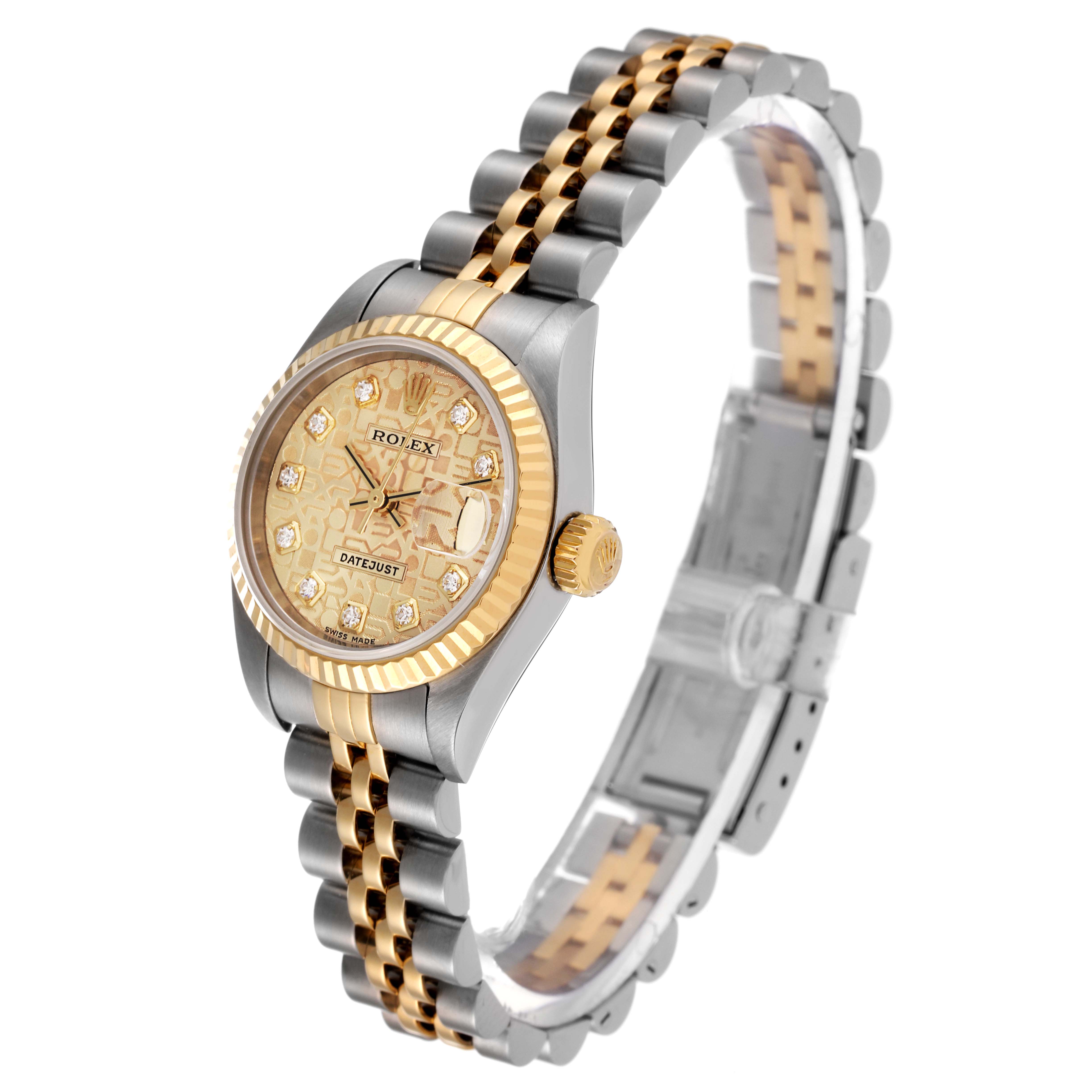 This image shows a Rolex Datejust 79173 Women's Steel and Gold (two tone) Champagne Dial 79173 Women's Steel and Gold (two tone) Champagne Dial watch from an angled top view, featuring its face, bezel, crown, and part of the bracelet.