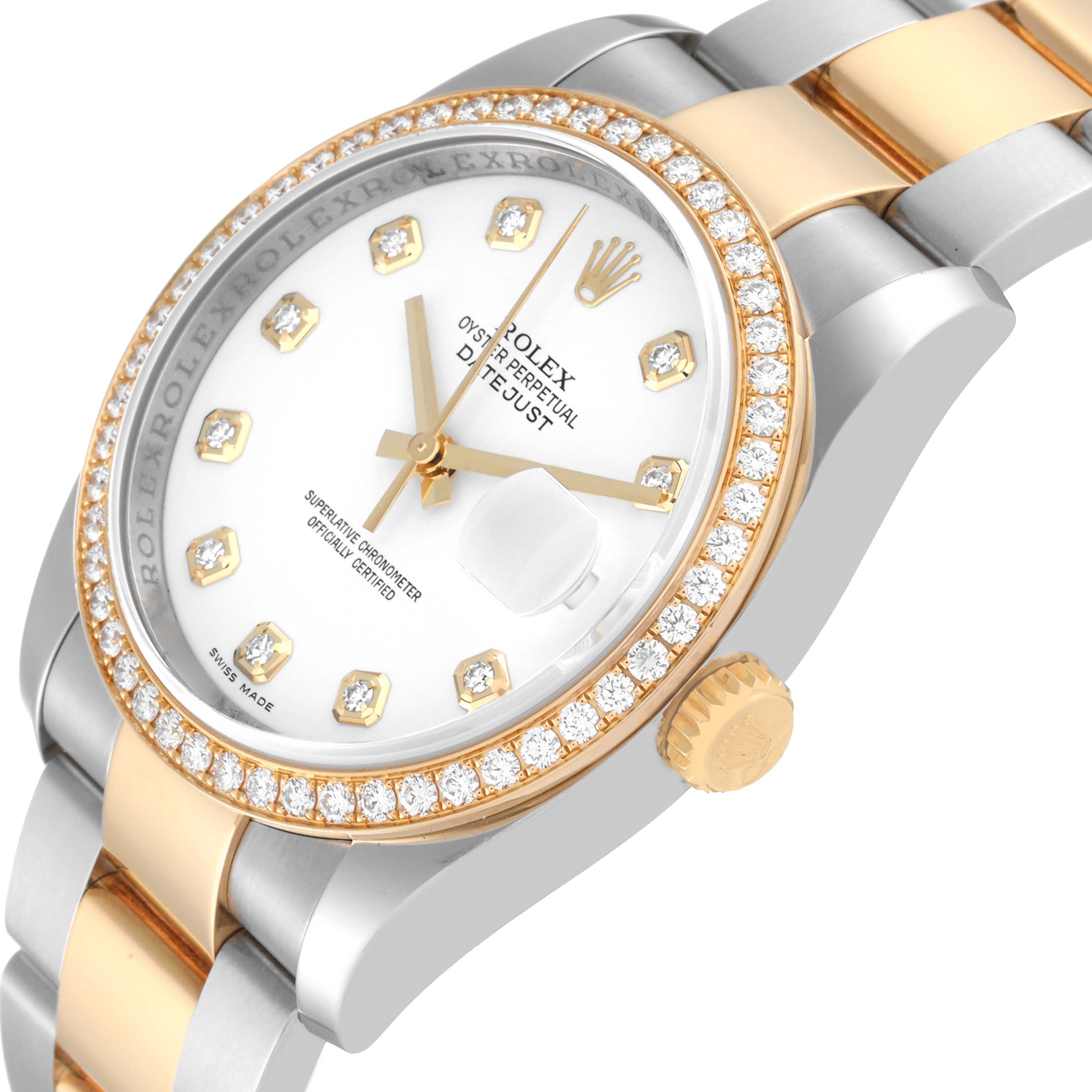 The image shows a close-up of a Rolex Datejust 116243 Men's Steel and Gold (two tone) White Dial 116243 Men's Steel and Gold (two tone) White Dial watch, highlighting the bezel, dial, crown, and part of the bracelet.