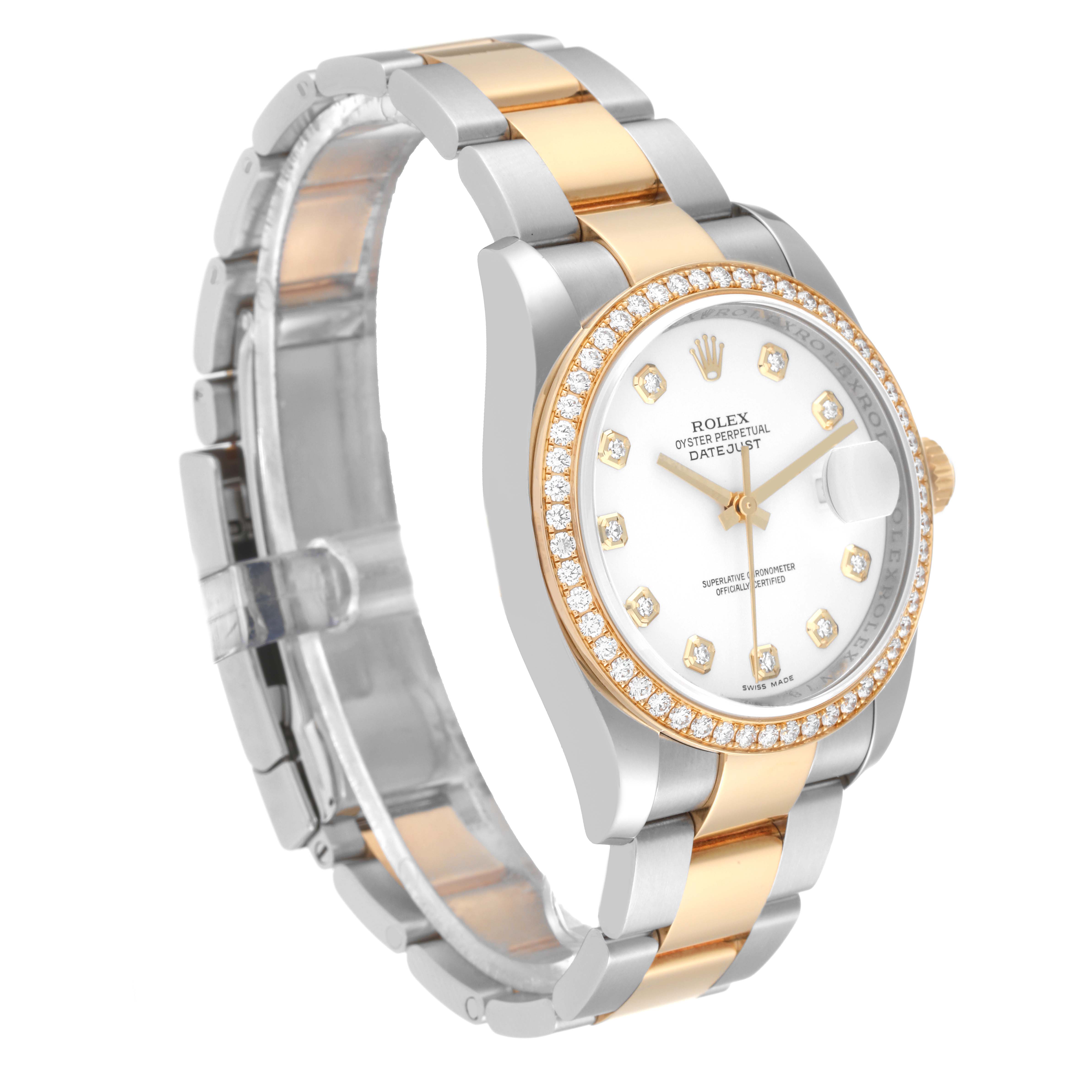 The Rolex Datejust 116243 Men's Steel and Gold (two tone) White Dial 116243 Men's Steel and Gold (two tone) White Dial watch is shown at a three-quarter angle, highlighting its face, bezel, and bracelet.