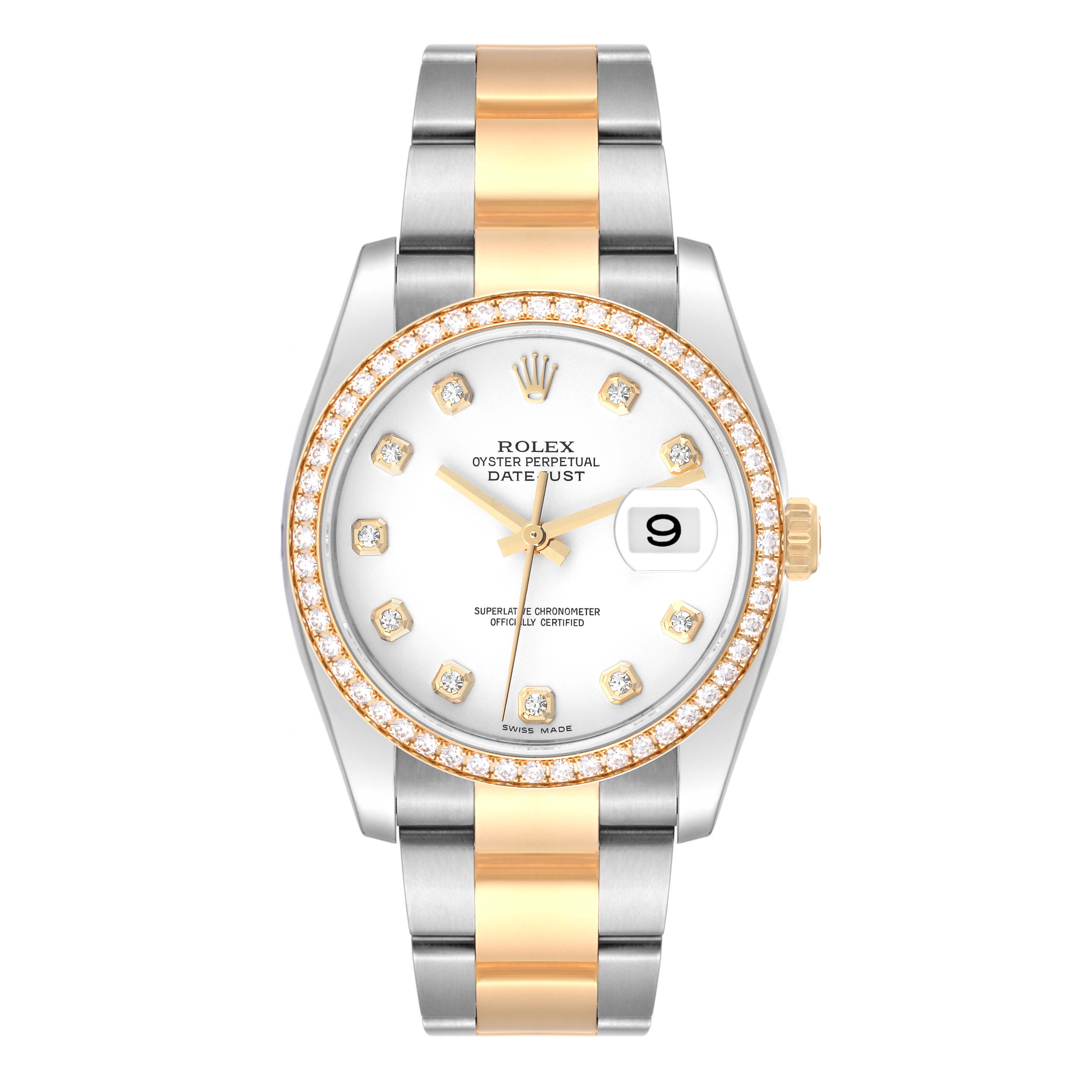 This is a front view of a Rolex Datejust 116243 Men's Steel and Gold (two tone) White Dial 116243 Men's Steel and Gold (two tone) White Dial watch, showcasing its two-tone bracelet, diamond-set bezel, and date display.