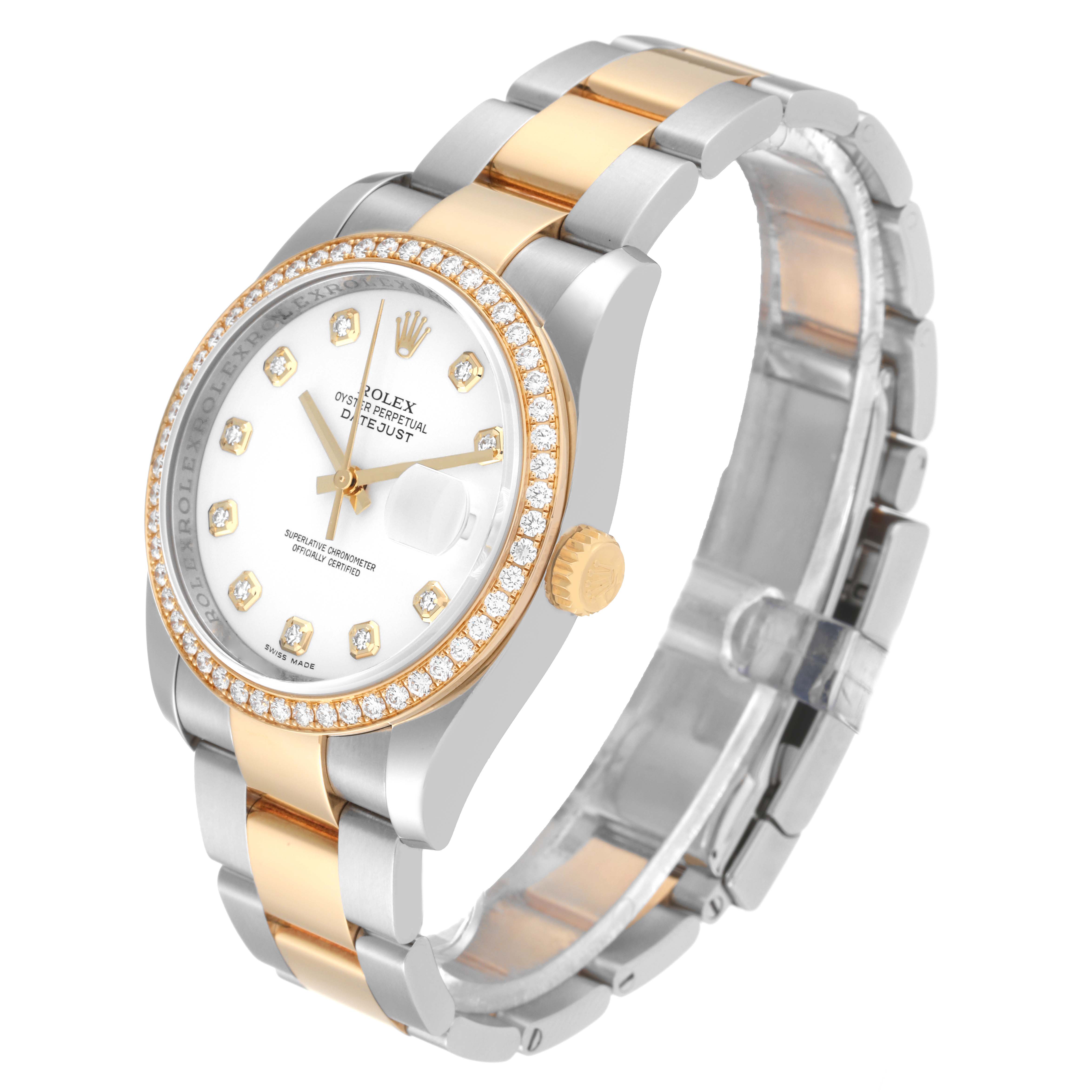 This image shows a Rolex Datejust 116243 Men's Steel and Gold (two tone) White Dial 116243 Men's Steel and Gold (two tone) White Dial watch, angled to display its face, bezel, and two-tone bracelet.