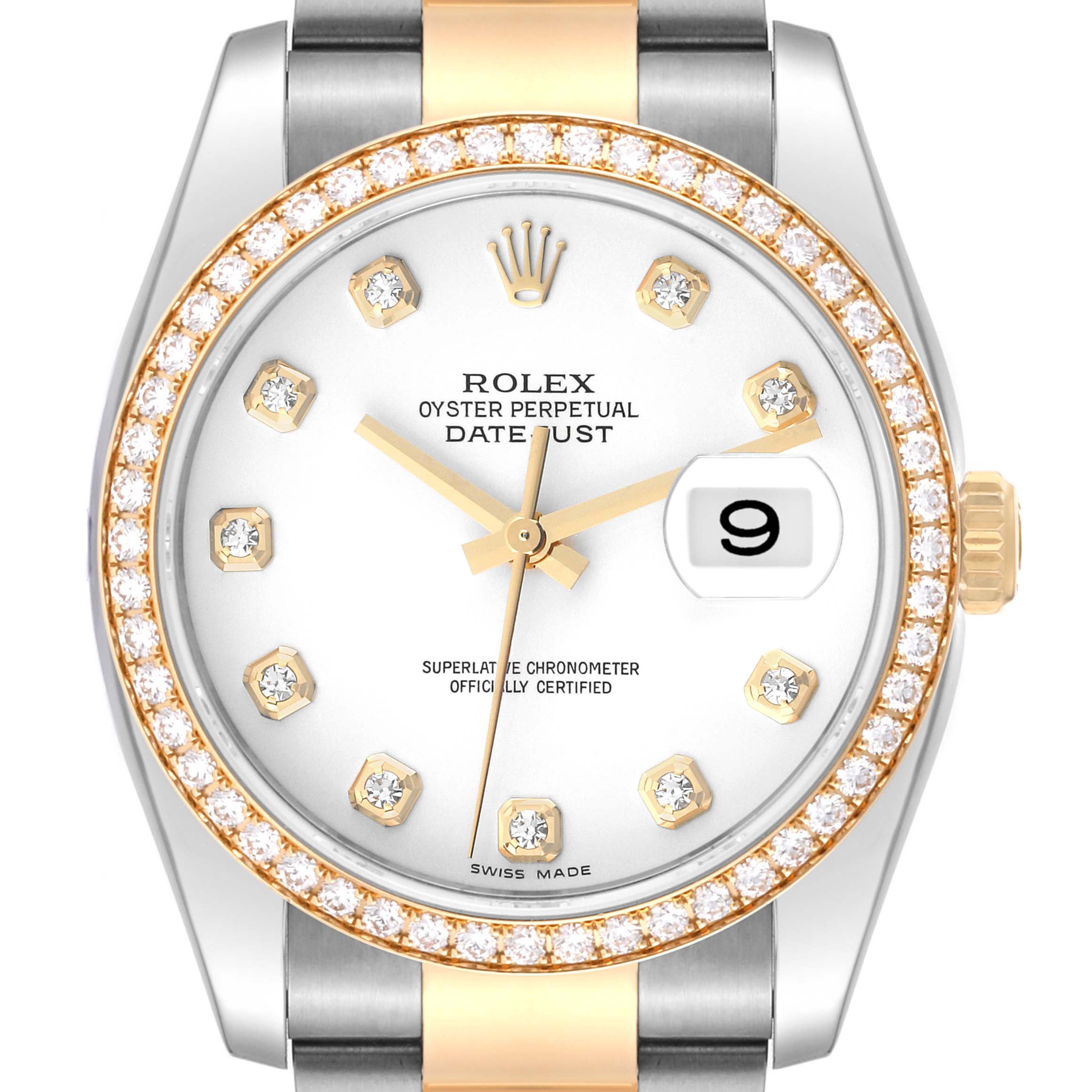 This Rolex Datejust 116243 Men's Steel and Gold (two tone) White Dial 116243 Men's Steel and Gold (two tone) White Dial watch is shown from the front, highlighting the dial, bezel, and part of the bracelet.