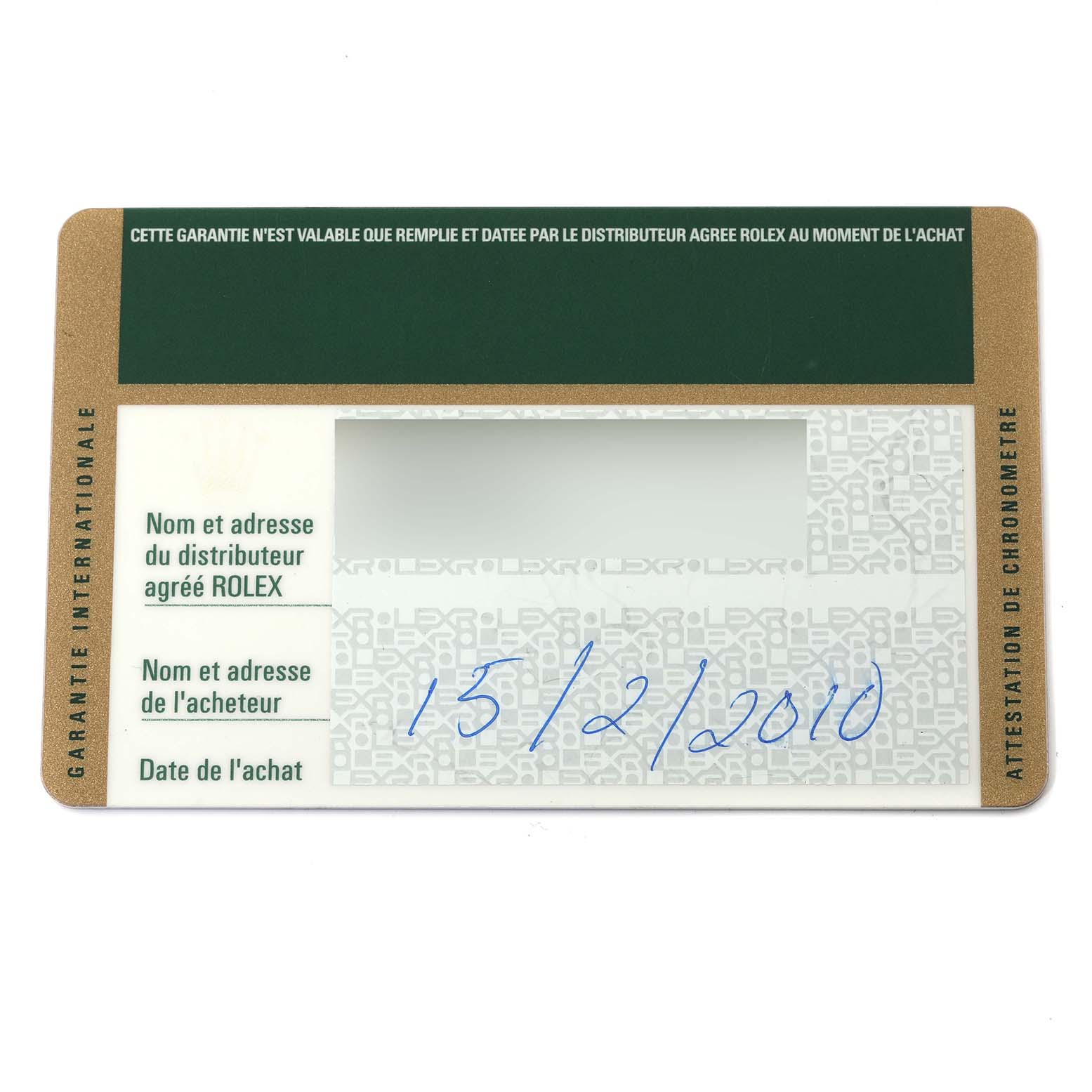 This image shows the warranty card for a Rolex Datejust 116243 Men's Steel and Gold (two tone) White Dial 116243 Men's Steel and Gold (two tone) White Dial watch, displaying fields for the distributor and customer information.