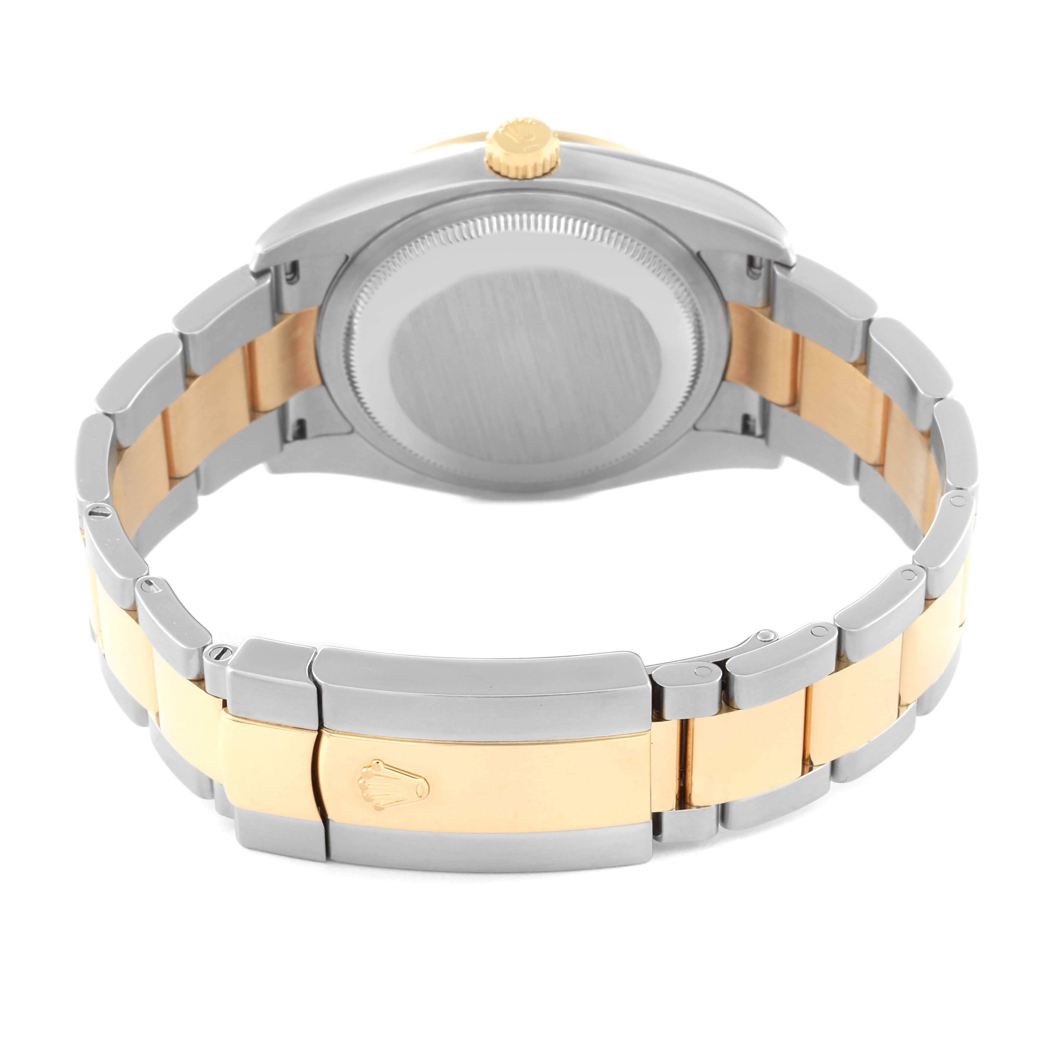 This image shows the back view of a Rolex Datejust 116243 Men's Steel and Gold (two tone) White Dial 116243 Men's Steel and Gold (two tone) White Dial watch, featuring its bracelet and clasp.