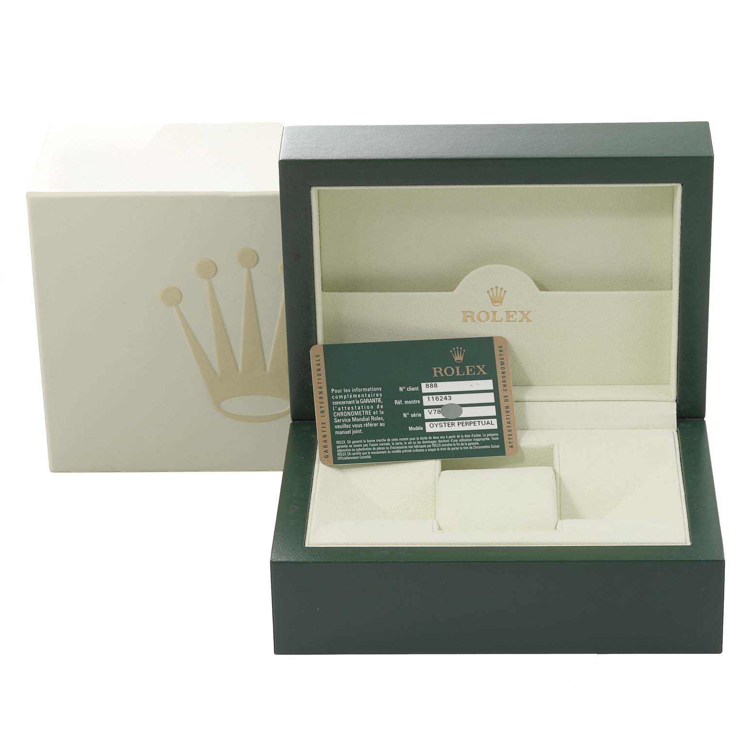 This image shows the open green and cream box of a Rolex Datejust 116243 Men's Steel and Gold (two tone) White Dial 116243 Men's Steel and Gold (two tone) White Dial watch with a warranty card displayed inside.